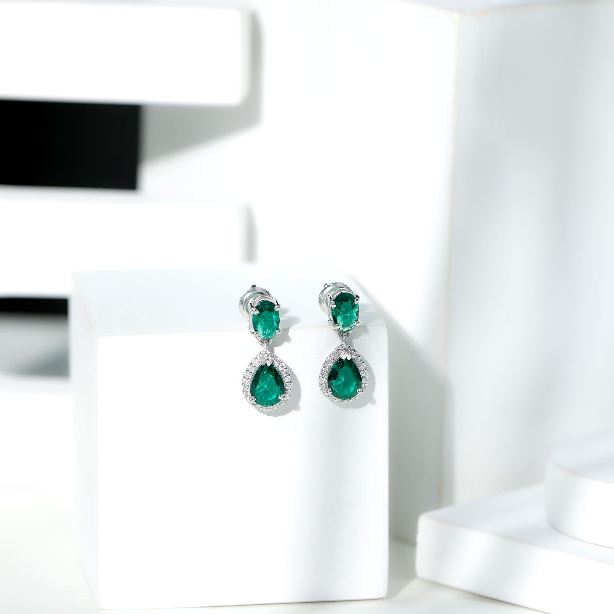 Lab Created Emerald Classic Dangle Earrings with Moissanite AAAA - Rosec Jewels