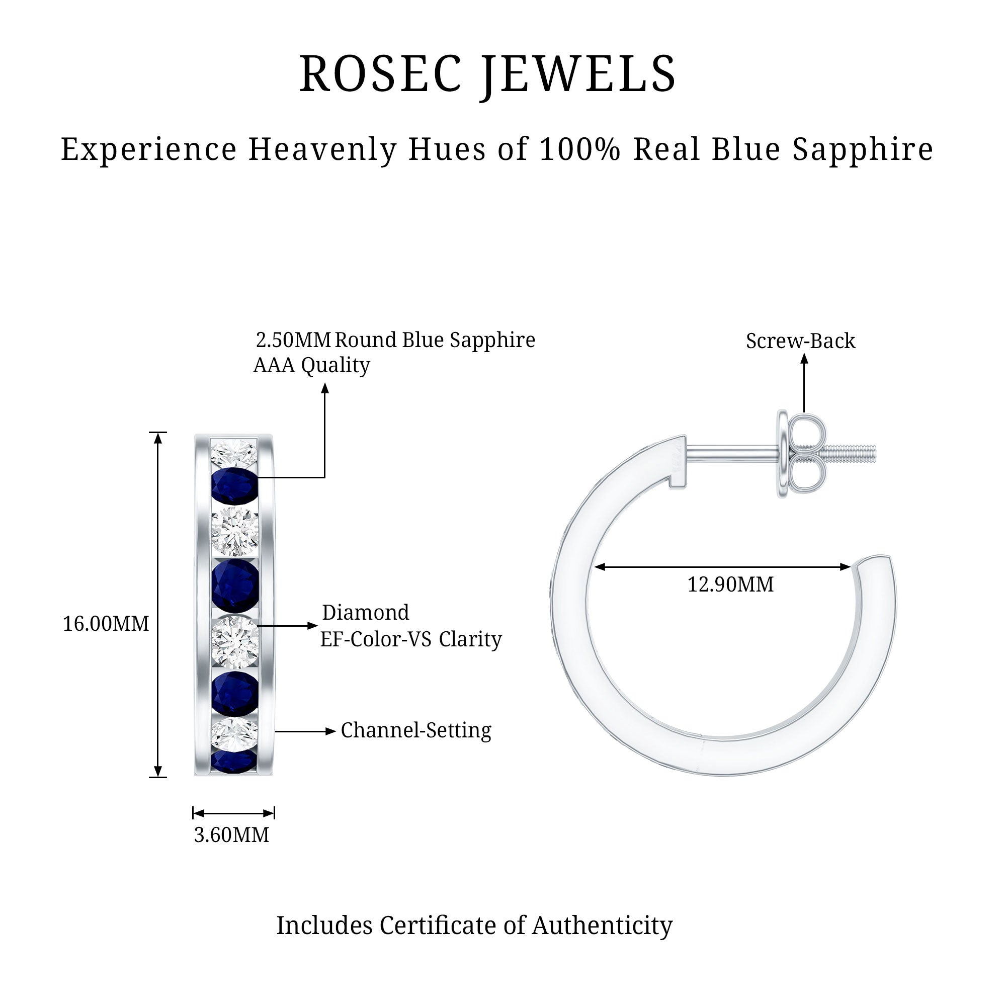 Blue Sapphire Hoop Earrings with Lab Grown Diamond AAA - Rosec Jewels