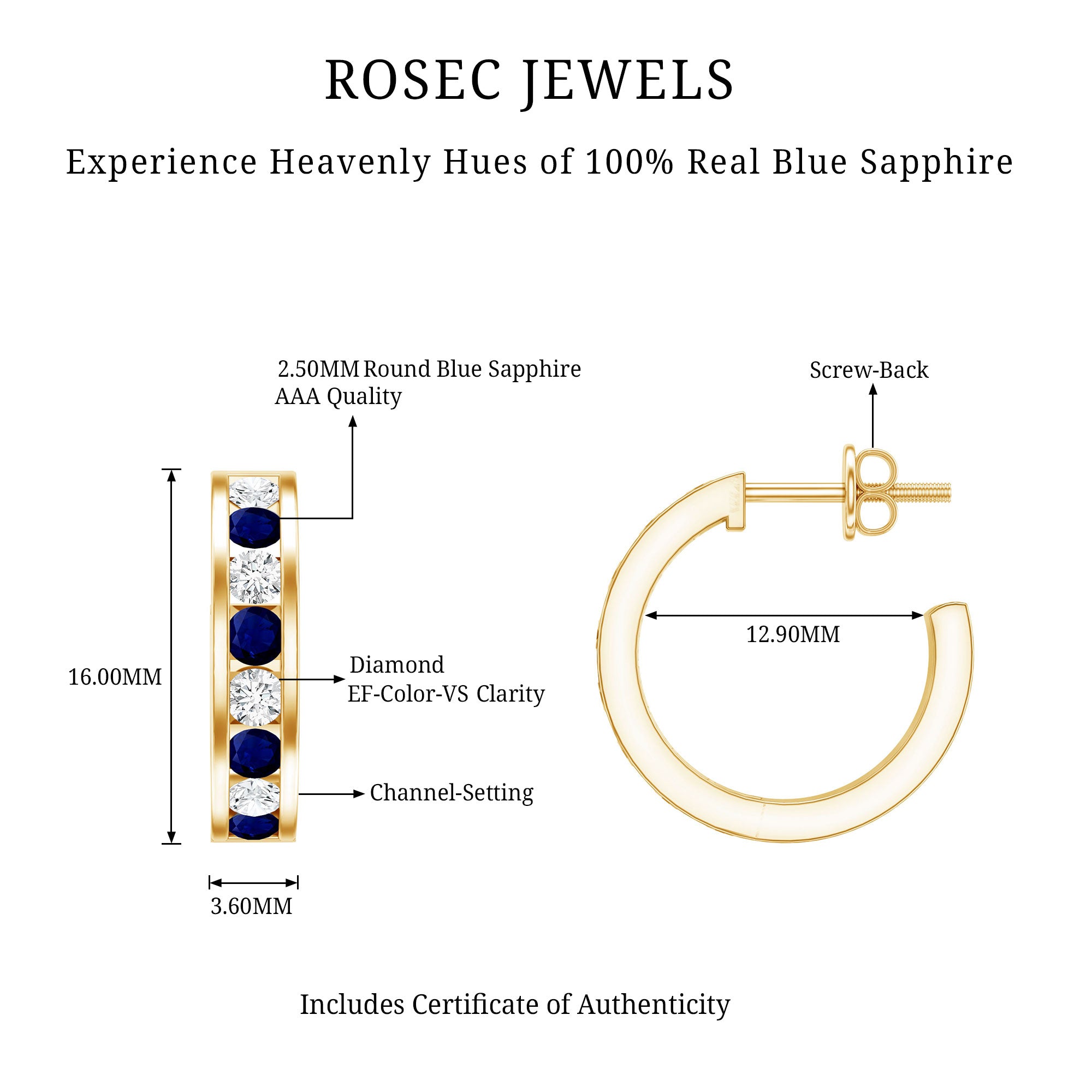 Blue Sapphire Hoop Earrings with Lab Grown Diamond AAA - Rosec Jewels