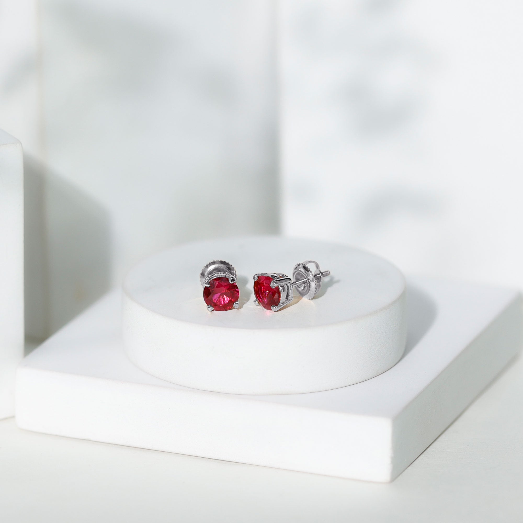 Round Lab Created Ruby Solitaire Stud Earrings AAAA - Rosec Jewels