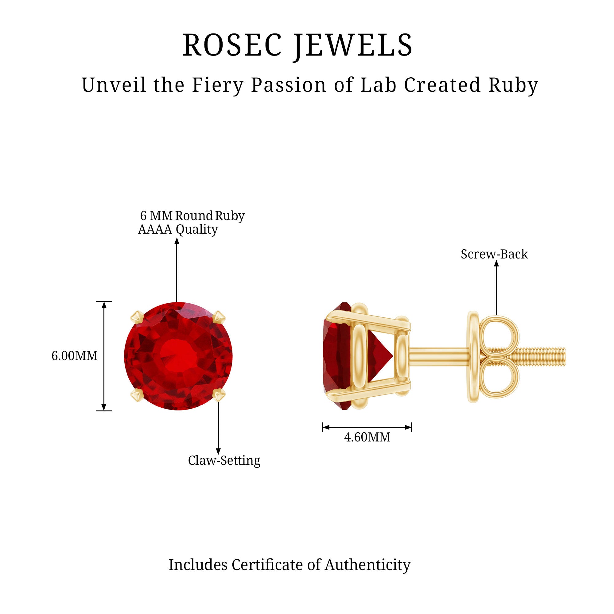 Round Lab Created Ruby Solitaire Stud Earrings AAAA - Rosec Jewels