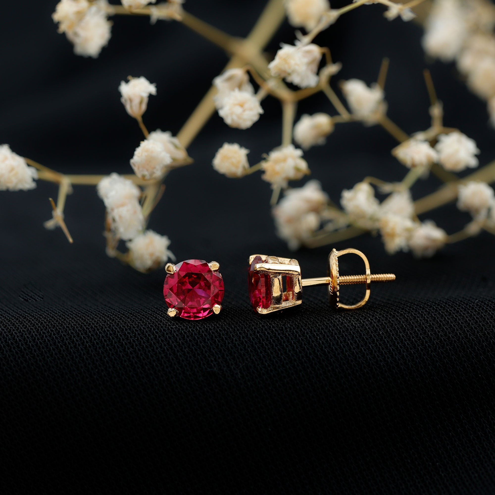 Round Lab Created Ruby Solitaire Stud Earrings AAAA - Rosec Jewels