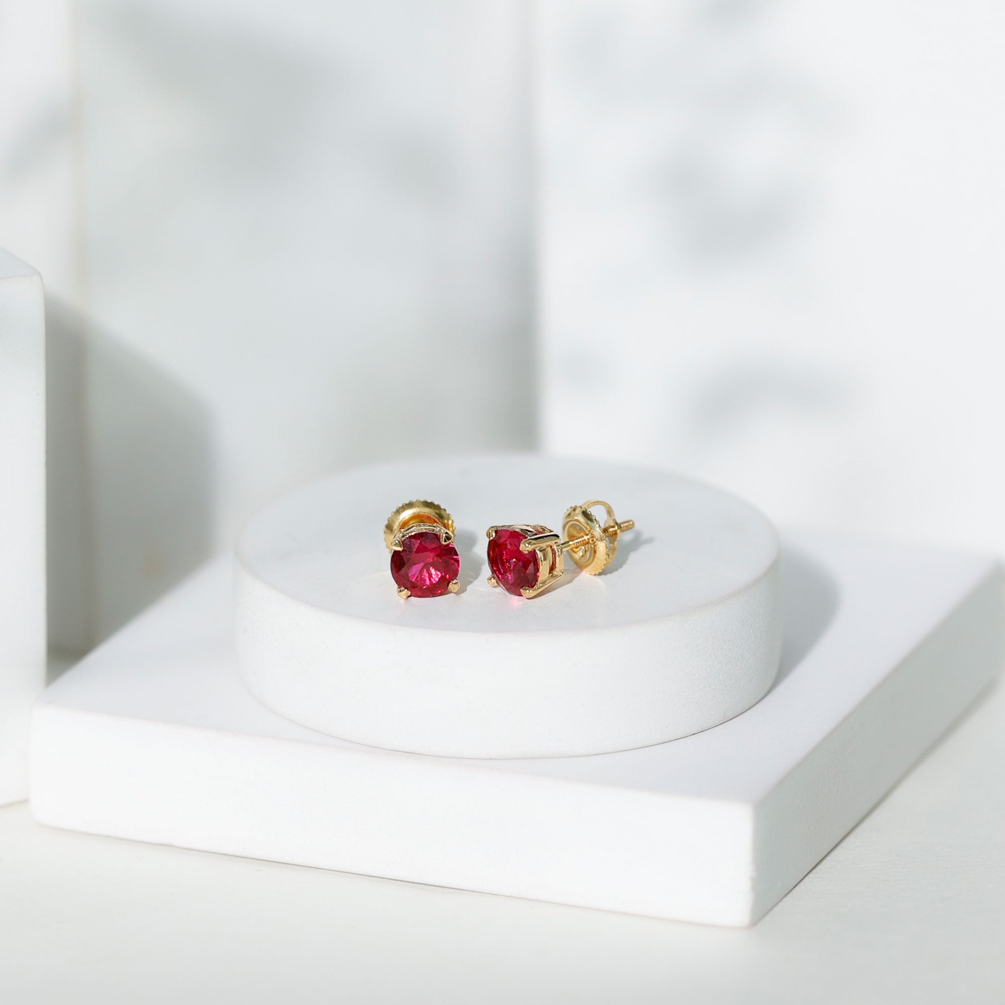 Round Lab Created Ruby Solitaire Stud Earrings AAAA - Rosec Jewels