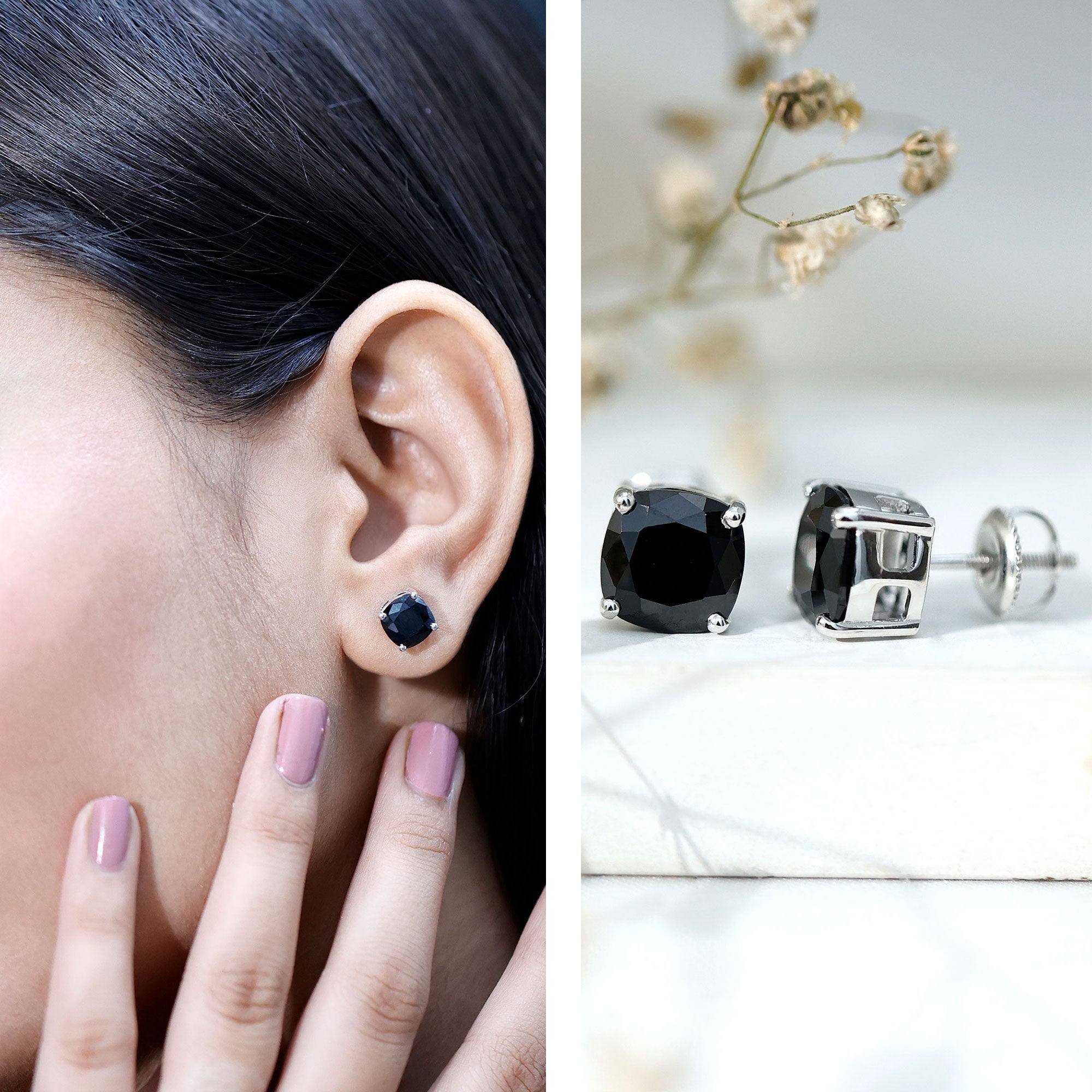 4 Carat Cushion Cut Black Spinel Solitaire Stud Earrings AAA - Rosec Jewels