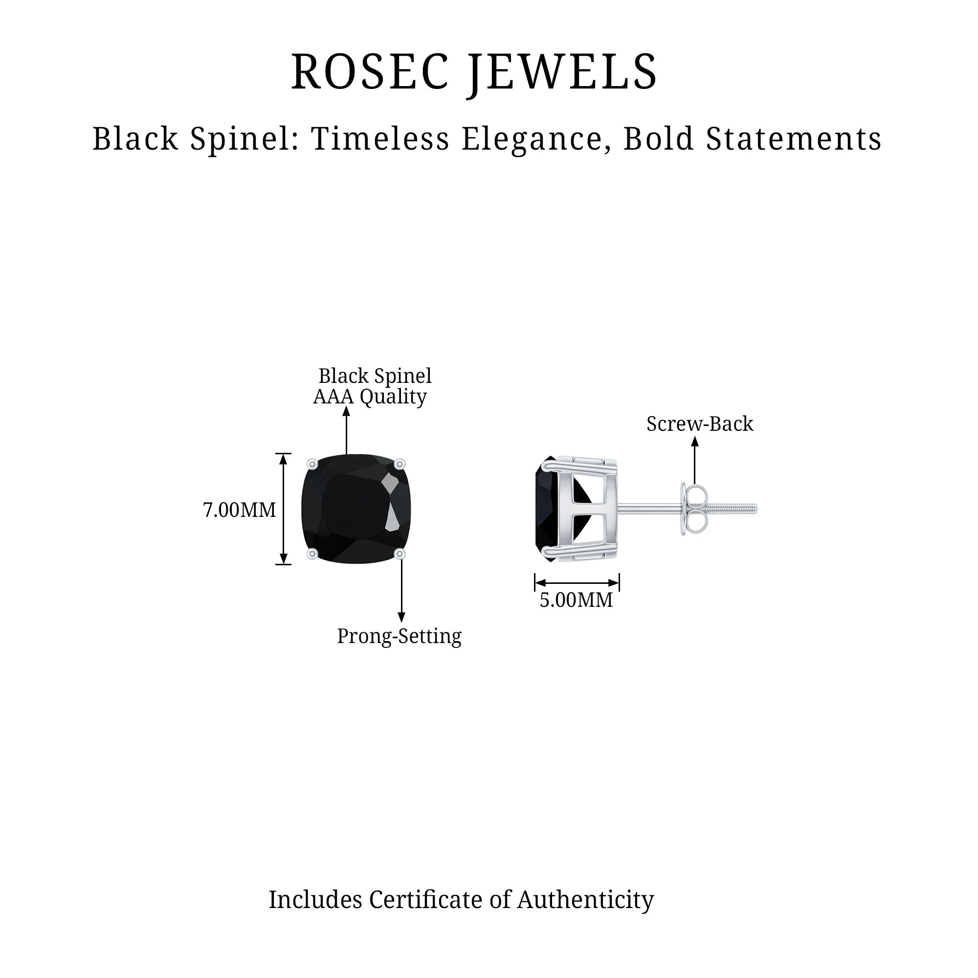 4 Carat Cushion Cut Black Spinel Solitaire Stud Earrings AAA - Rosec Jewels