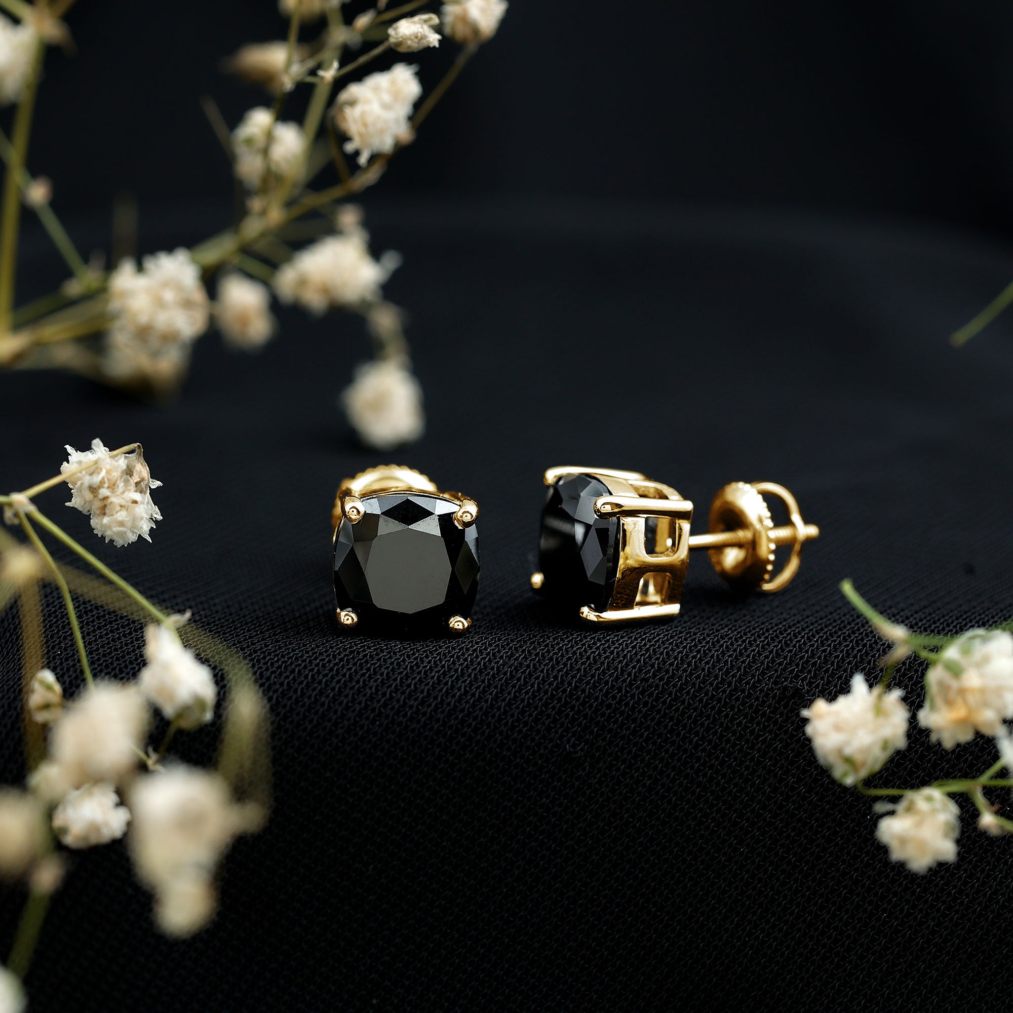 4 Carat Cushion Cut Black Spinel Solitaire Stud Earrings AAA - Rosec Jewels