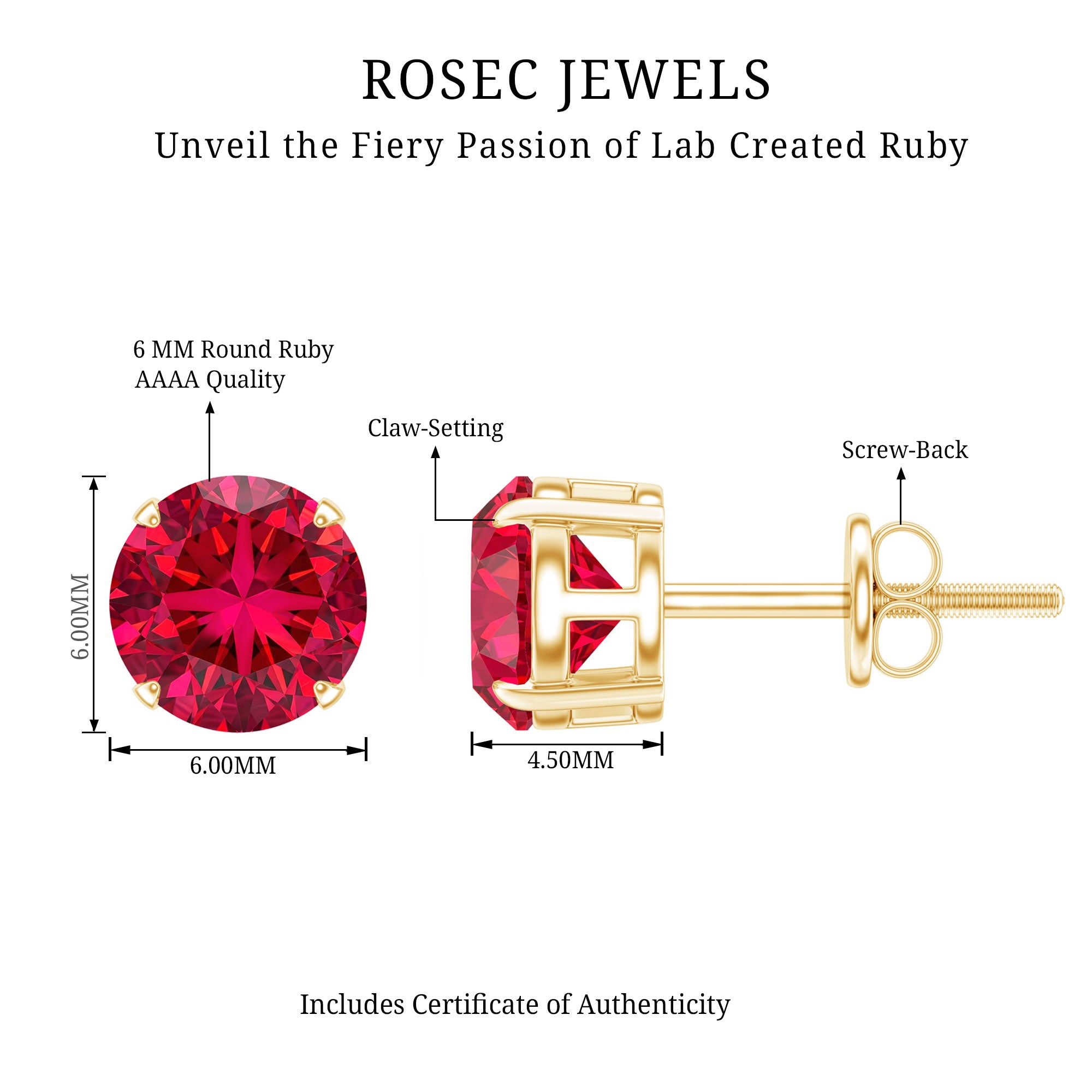 6 MM Round Cut Solitaire Lab Created Ruby Stud Earring for women AAAA - Rosec Jewels