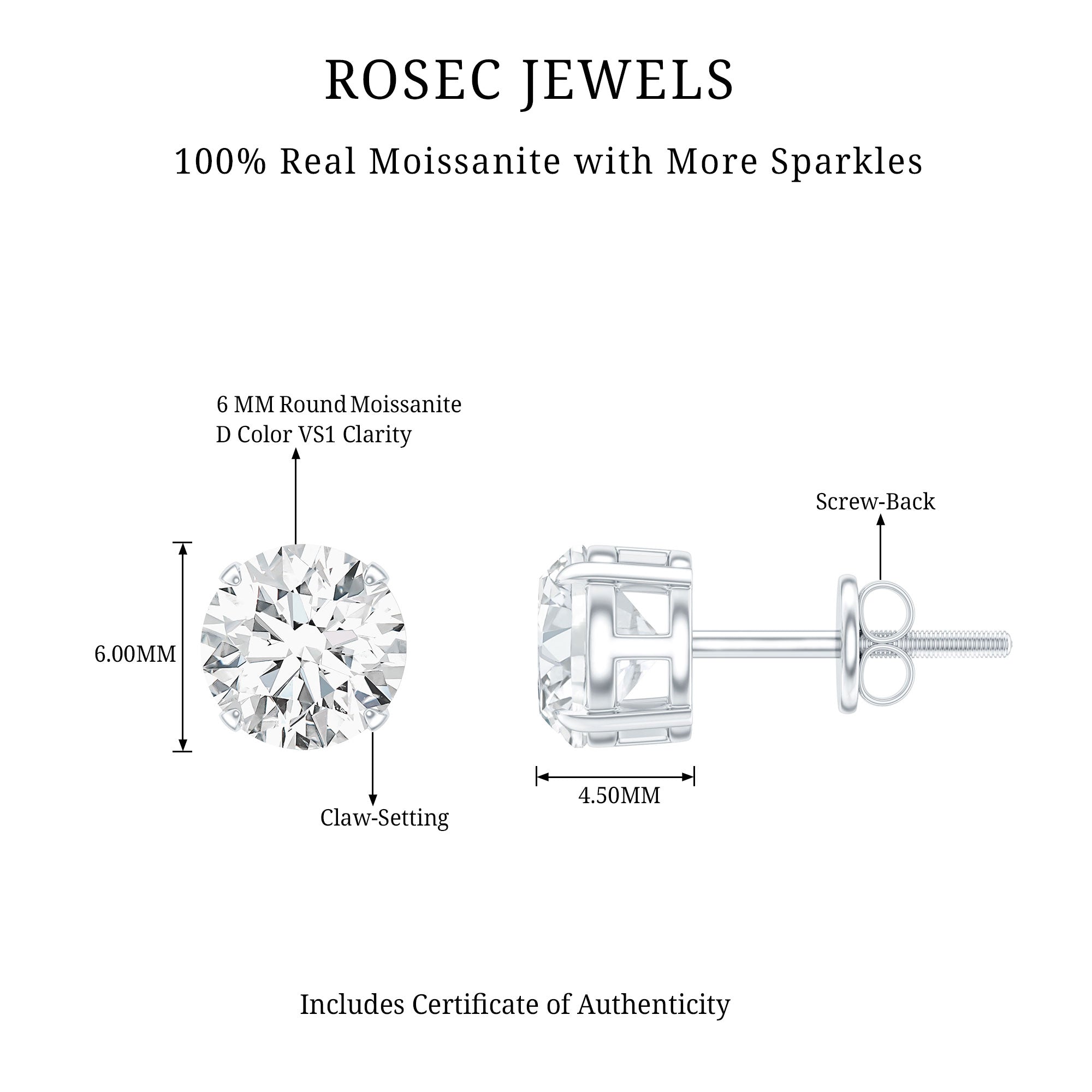 2 Carat Moissanite Solitaire Stud Earrings with Screw Backs D-VS1 - Rosec Jewels