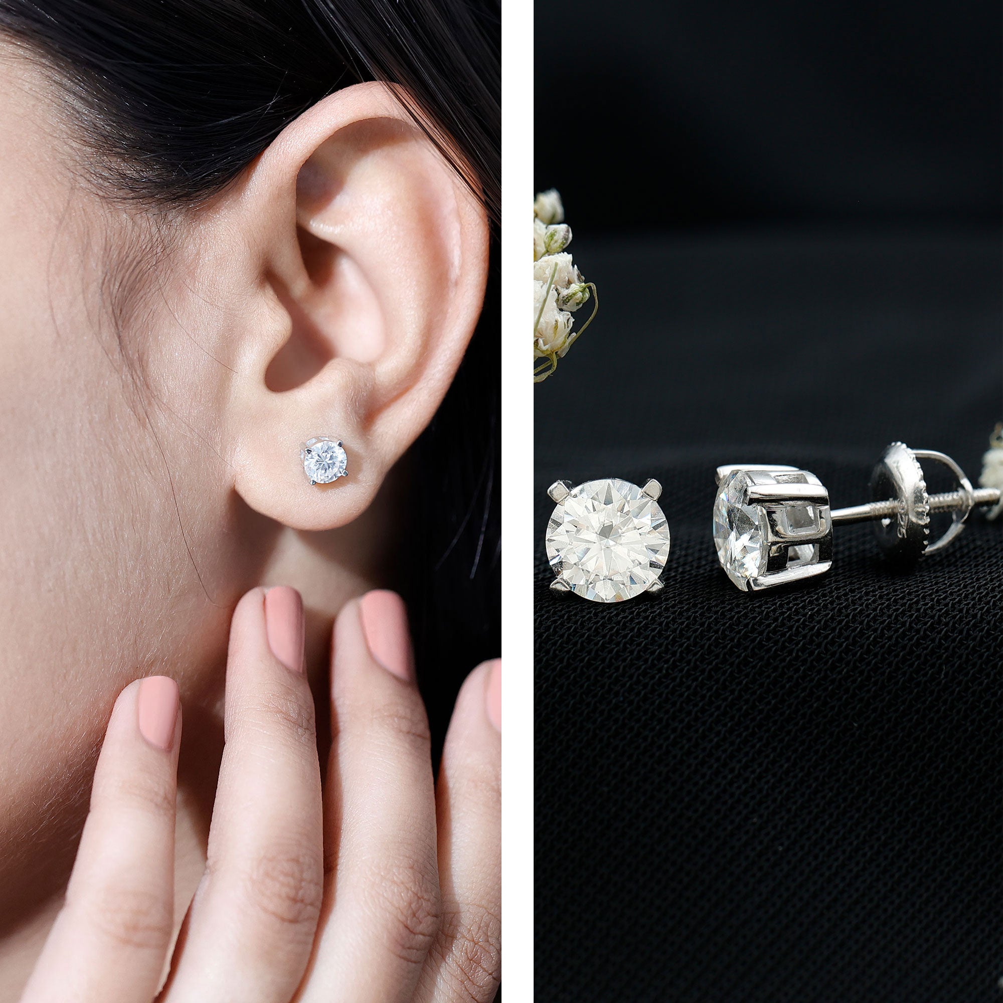 2 Carat Moissanite Solitaire Stud Earrings with Screw Backs D-VS1 - Rosec Jewels