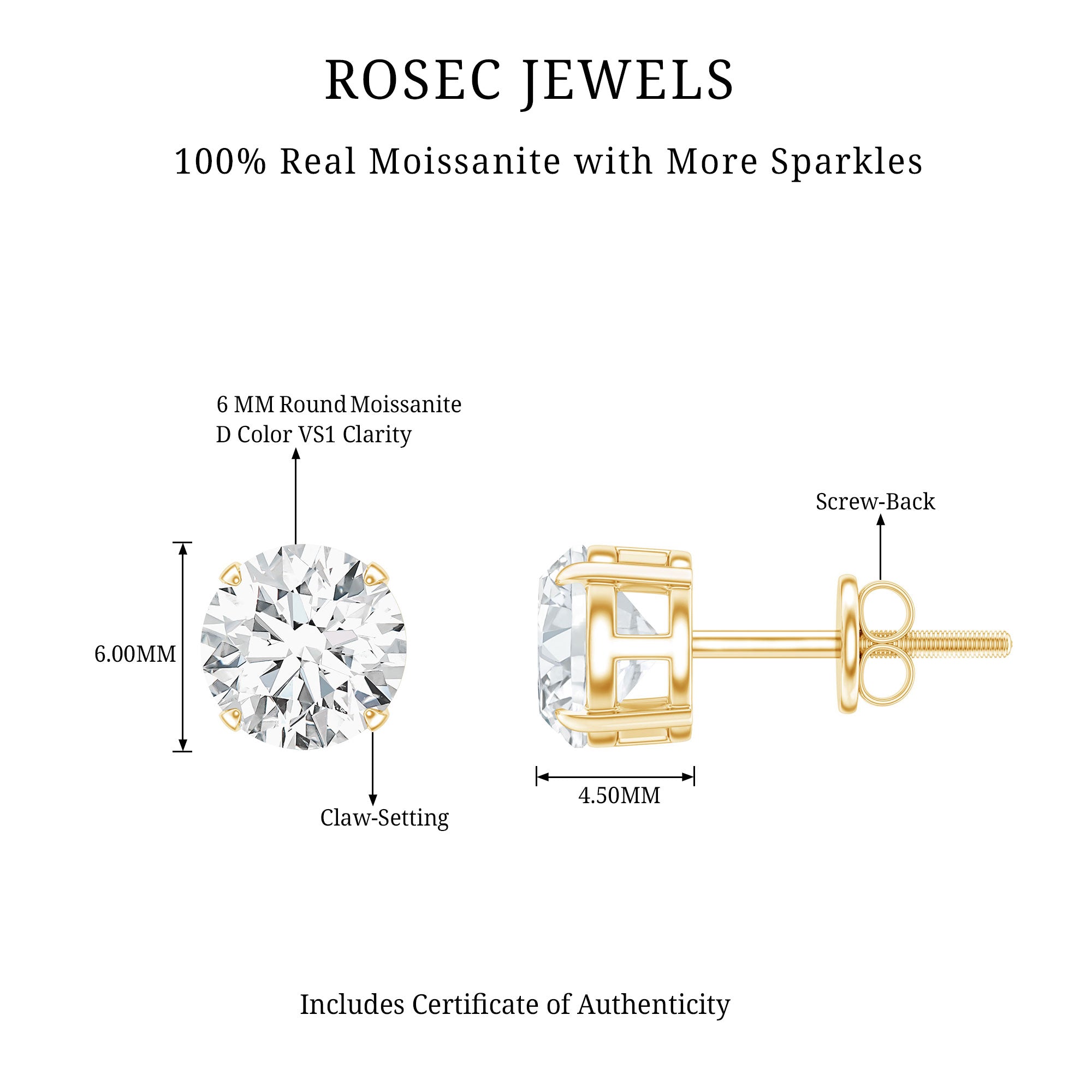 2 Carat Moissanite Solitaire Stud Earrings with Screw Backs D-VS1 - Rosec Jewels