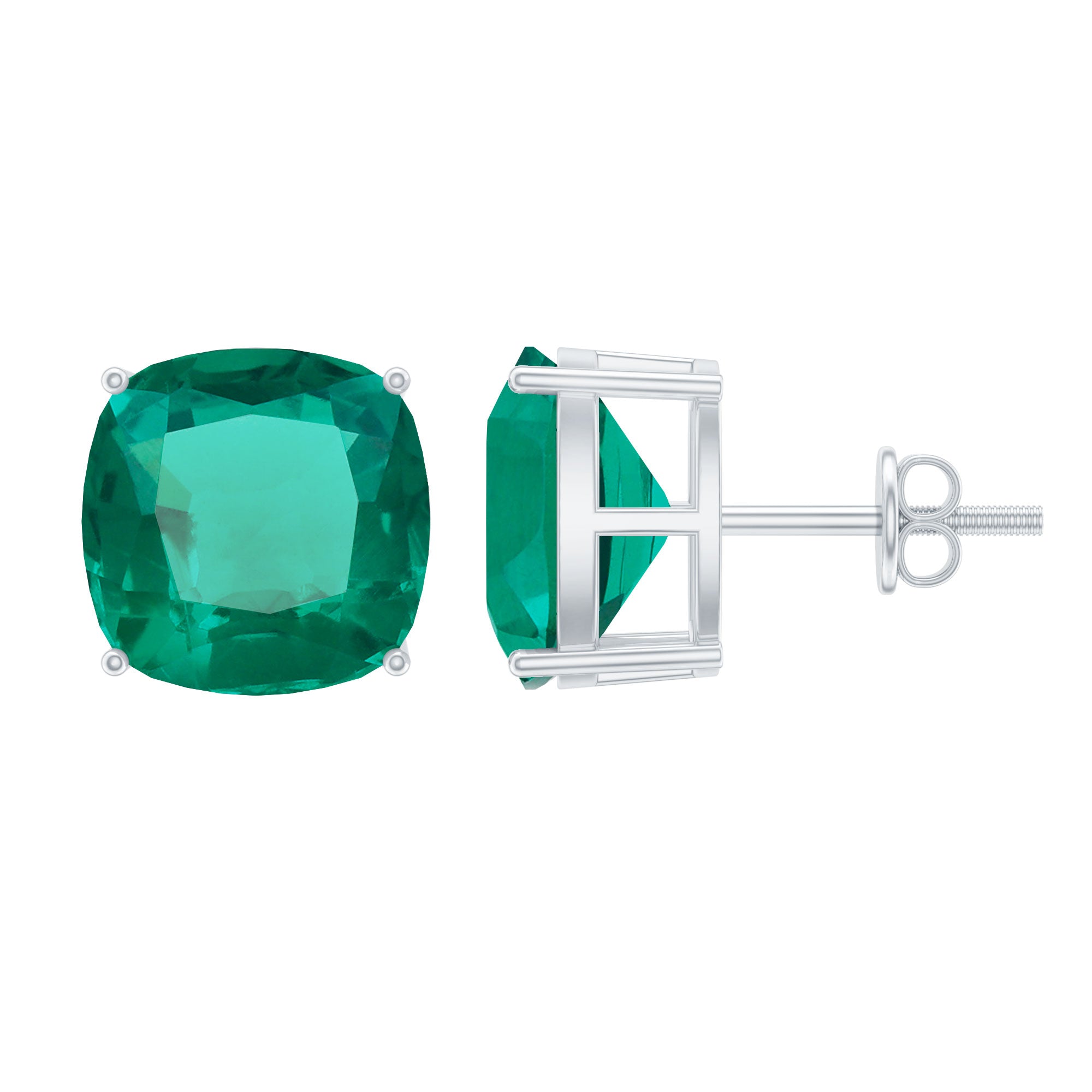 10 MM Cushion Cut Created Emerald Solitaire Stud Earrings AAAA - Rosec Jewels