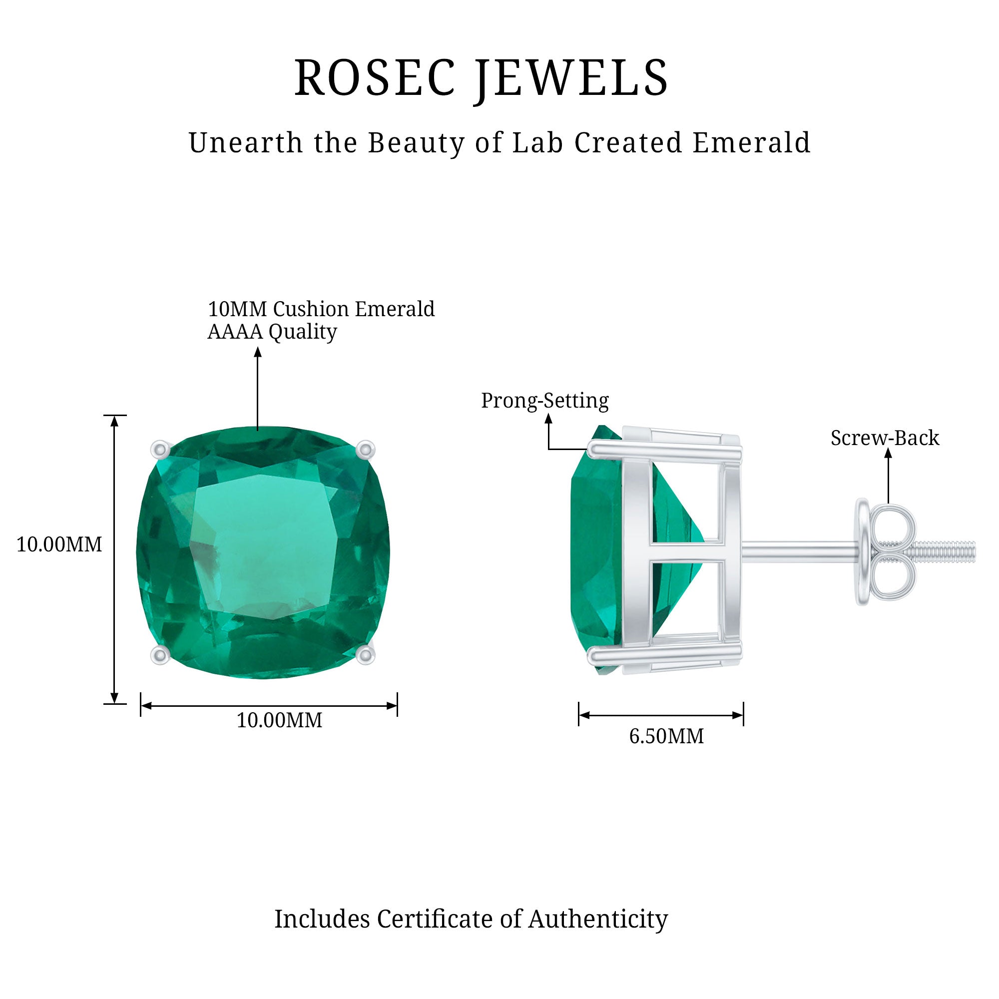 10 MM Cushion Cut Created Emerald Solitaire Stud Earrings AAAA - Rosec Jewels
