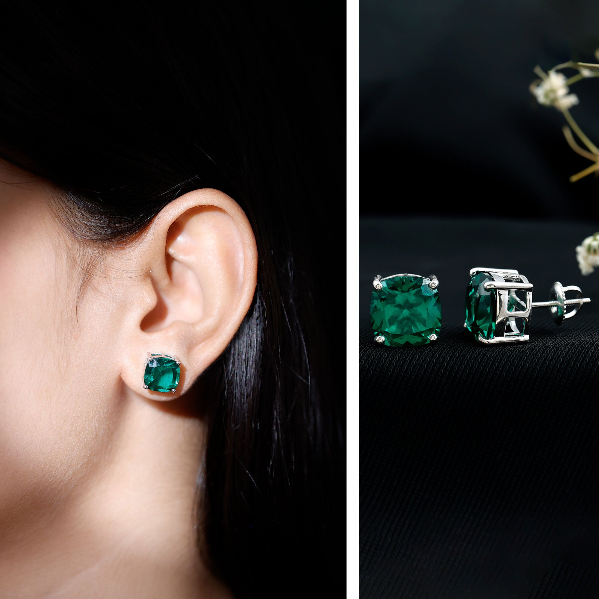 10 MM Cushion Cut Created Emerald Solitaire Stud Earrings AAAA - Rosec Jewels