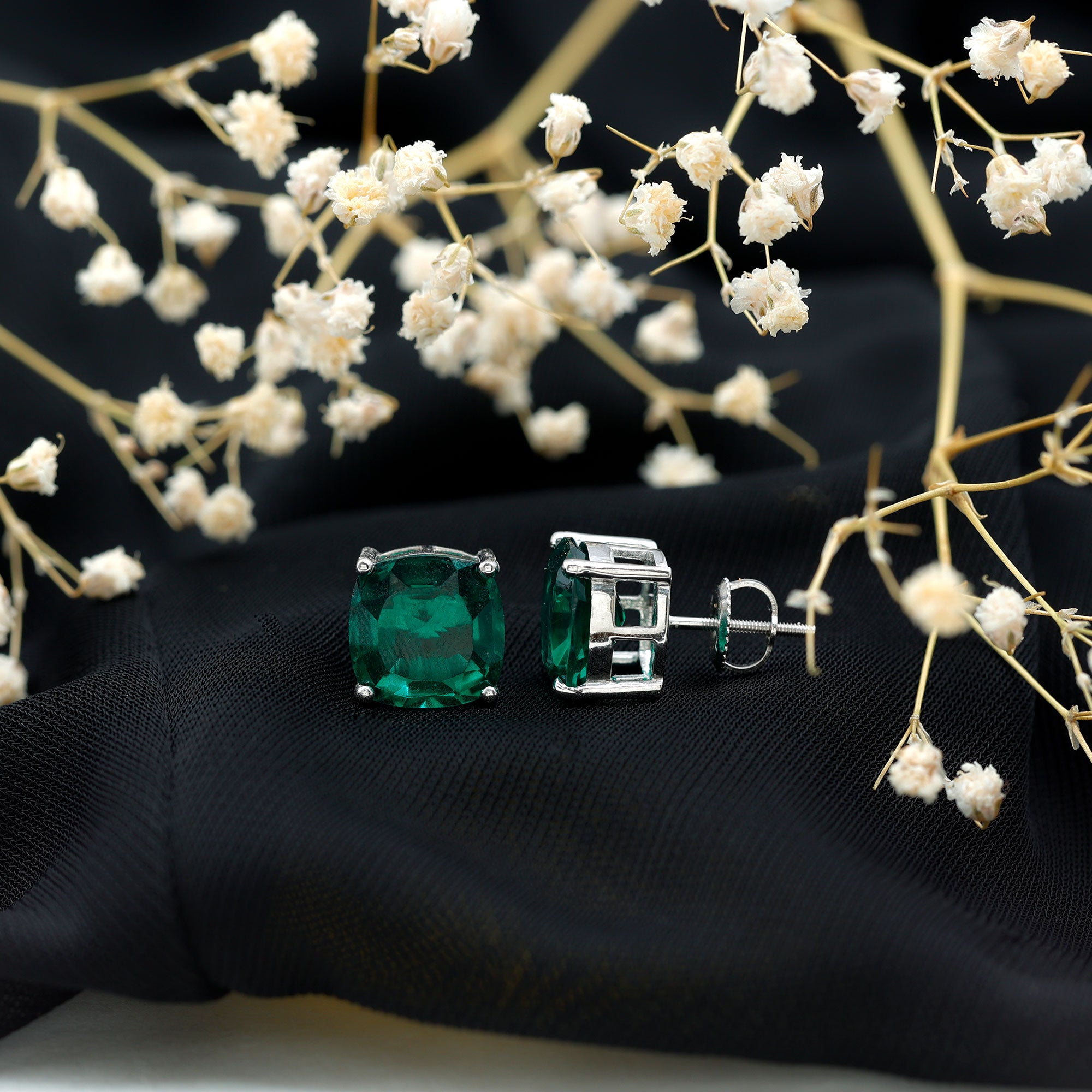 10 MM Cushion Cut Created Emerald Solitaire Stud Earrings AAAA - Rosec Jewels