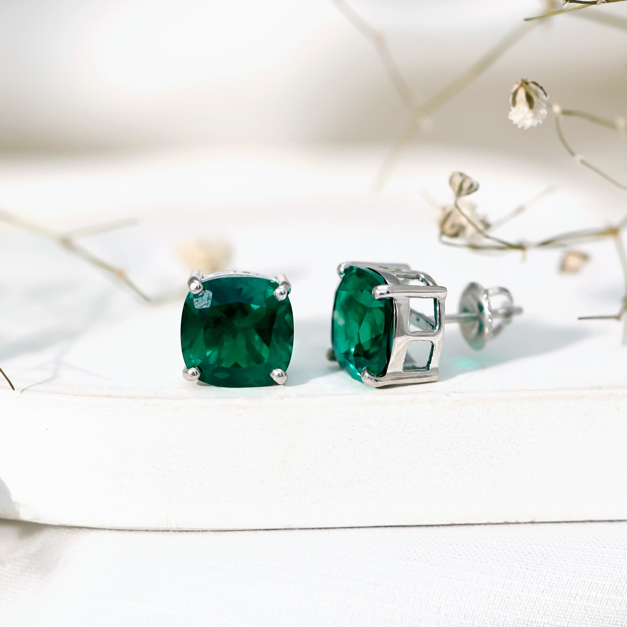 10 MM Cushion Cut Created Emerald Solitaire Stud Earrings AAAA - Rosec Jewels