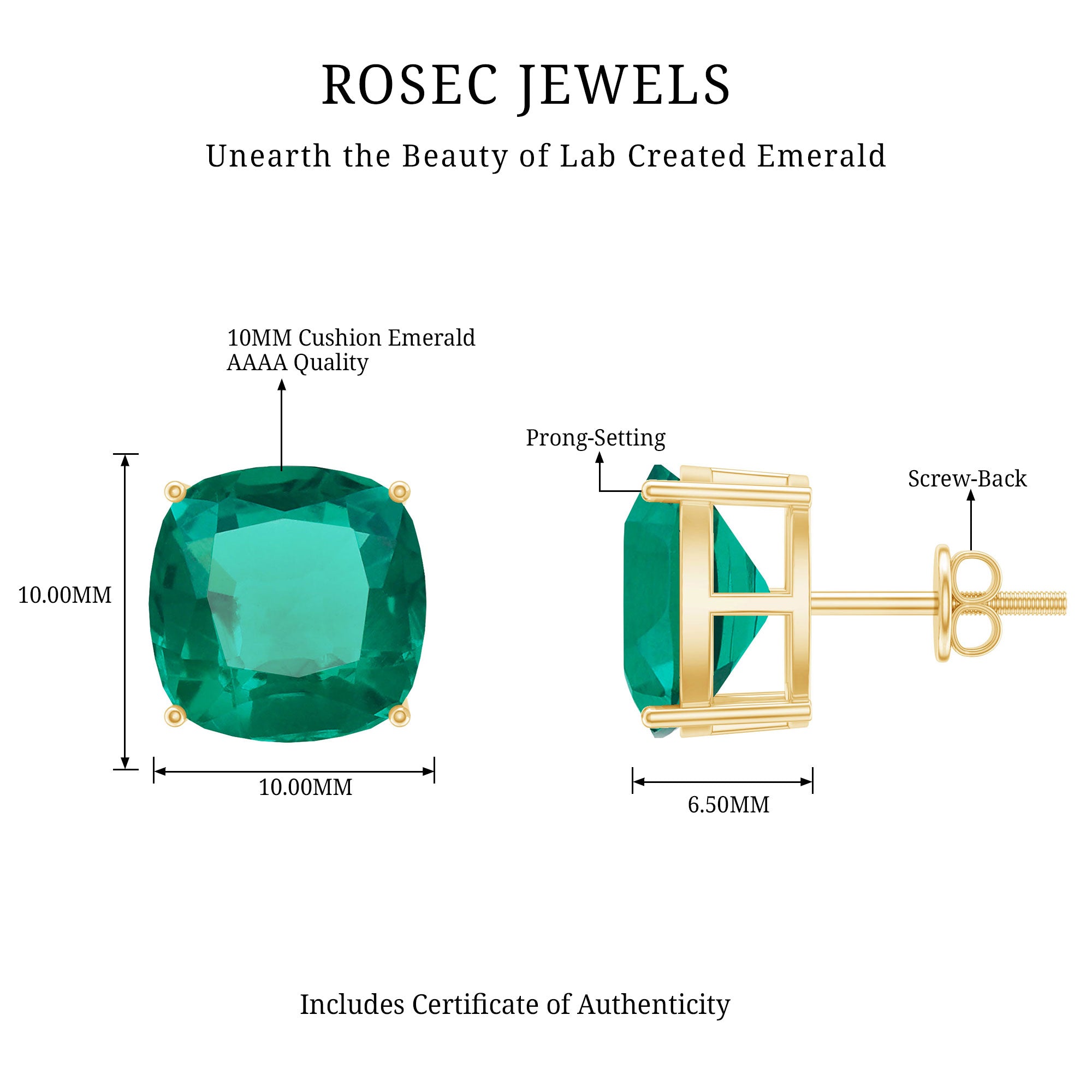 10 MM Cushion Cut Created Emerald Solitaire Stud Earrings AAAA - Rosec Jewels