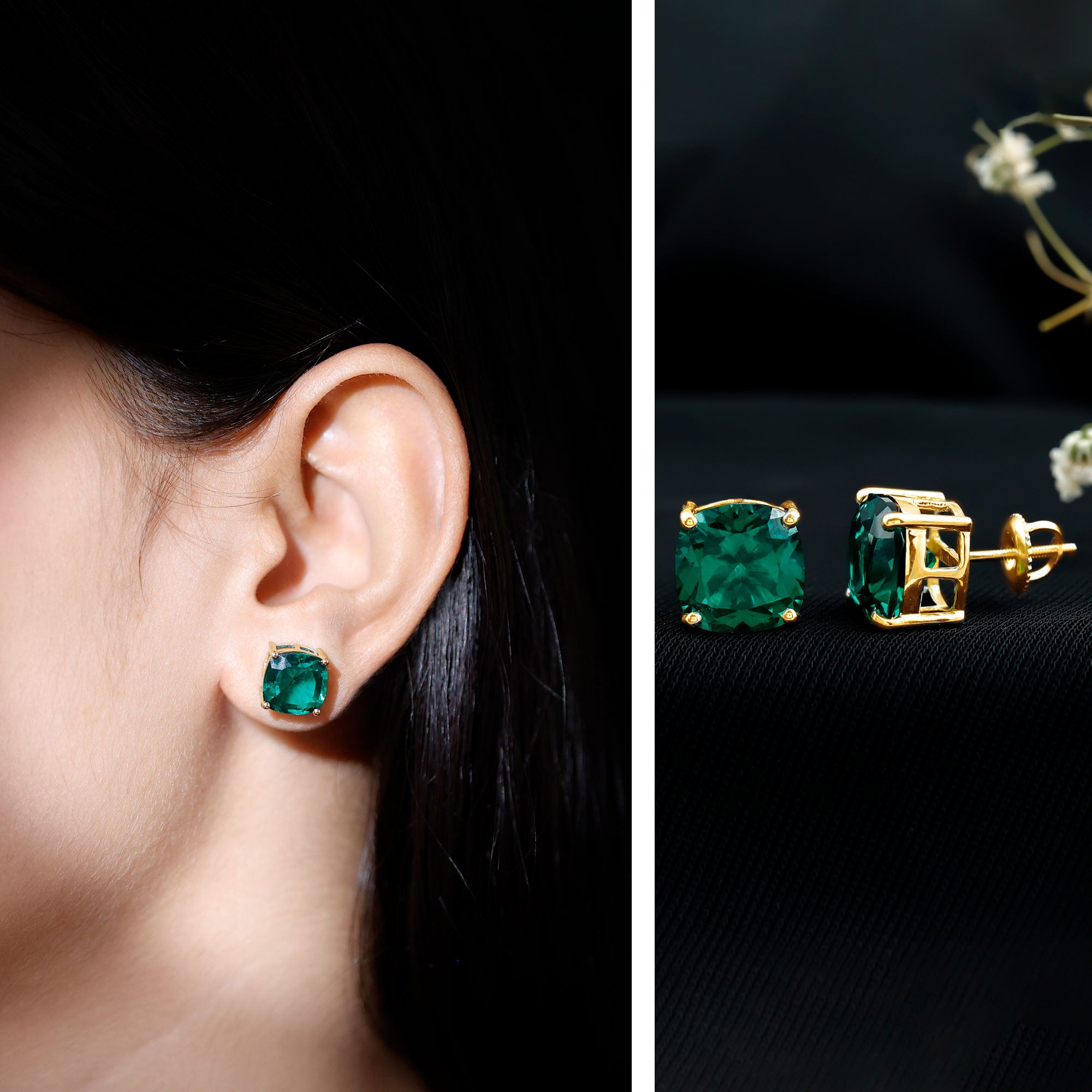 10 MM Cushion Cut Created Emerald Solitaire Stud Earrings AAAA - Rosec Jewels