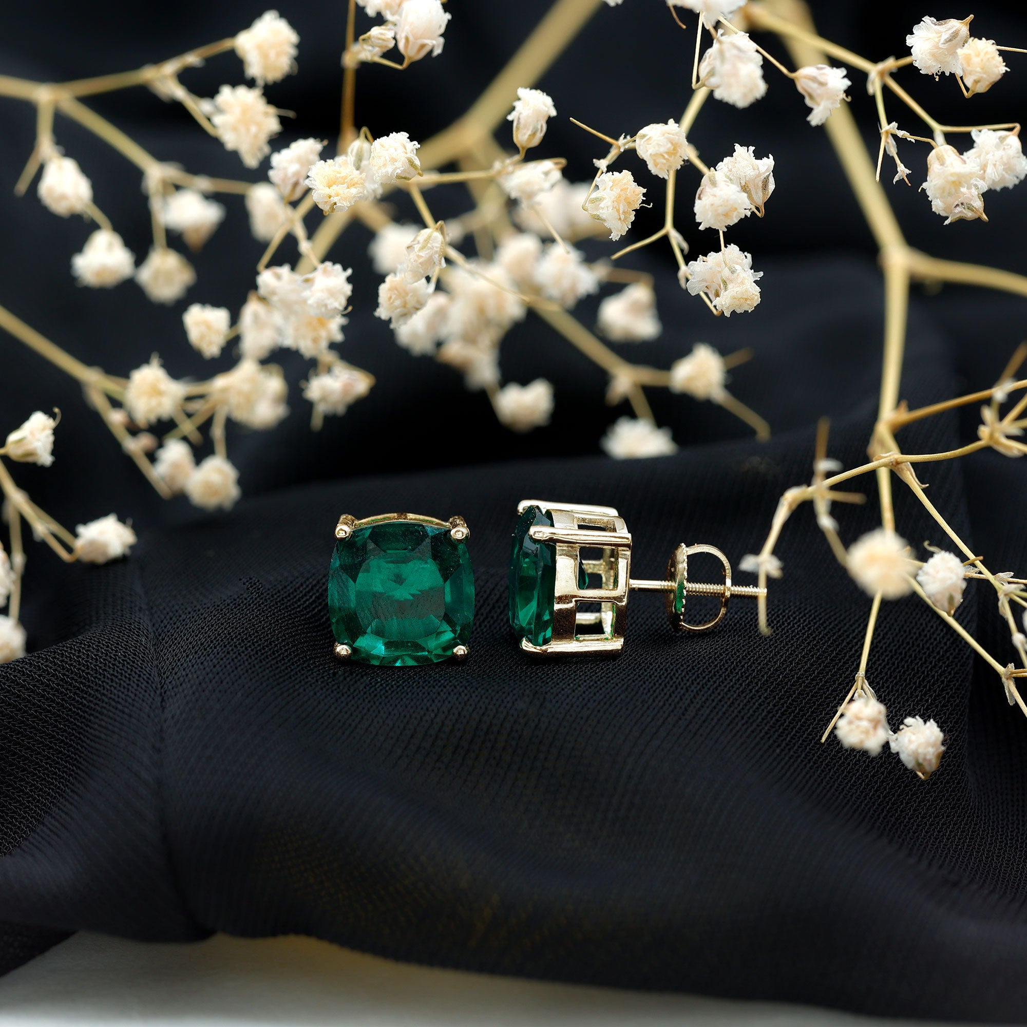 10 MM Cushion Cut Created Emerald Solitaire Stud Earrings AAAA - Rosec Jewels
