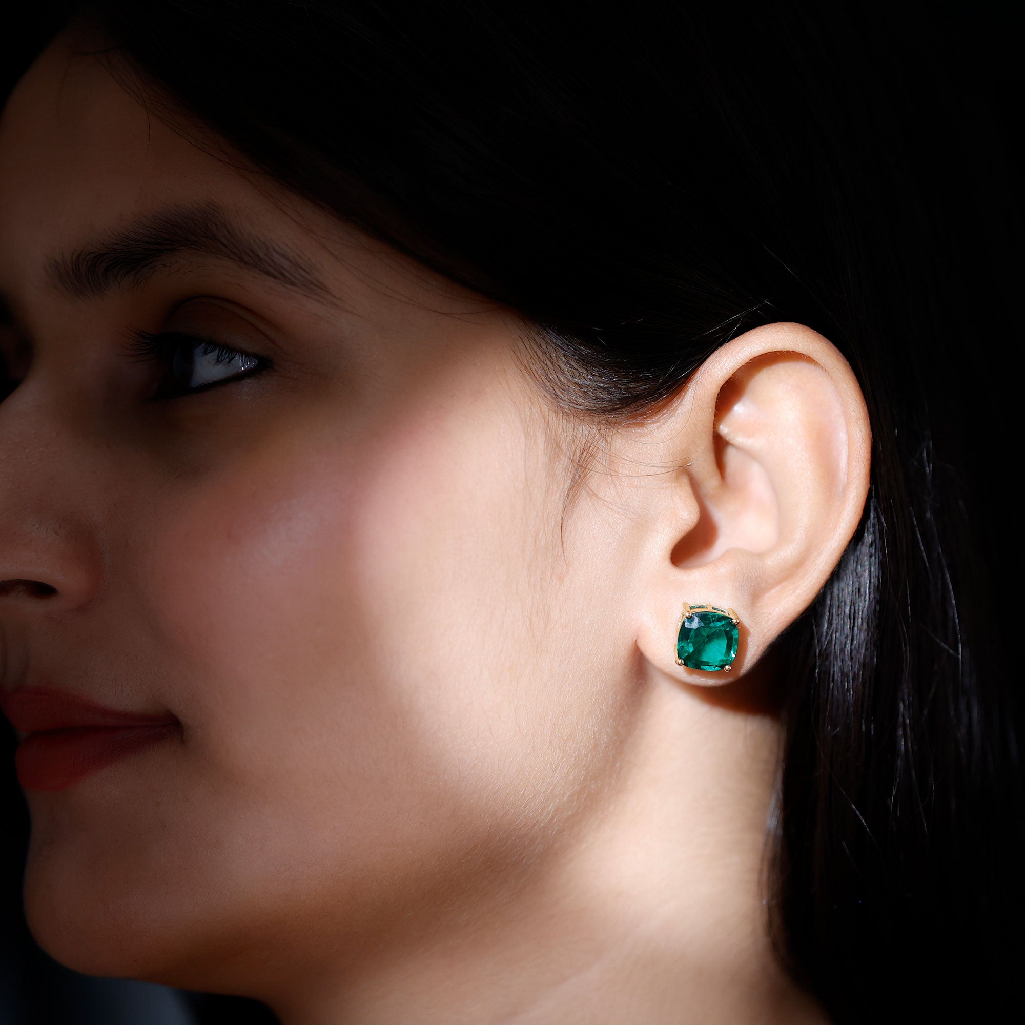 10 MM Cushion Cut Created Emerald Solitaire Stud Earrings AAAA - Rosec Jewels