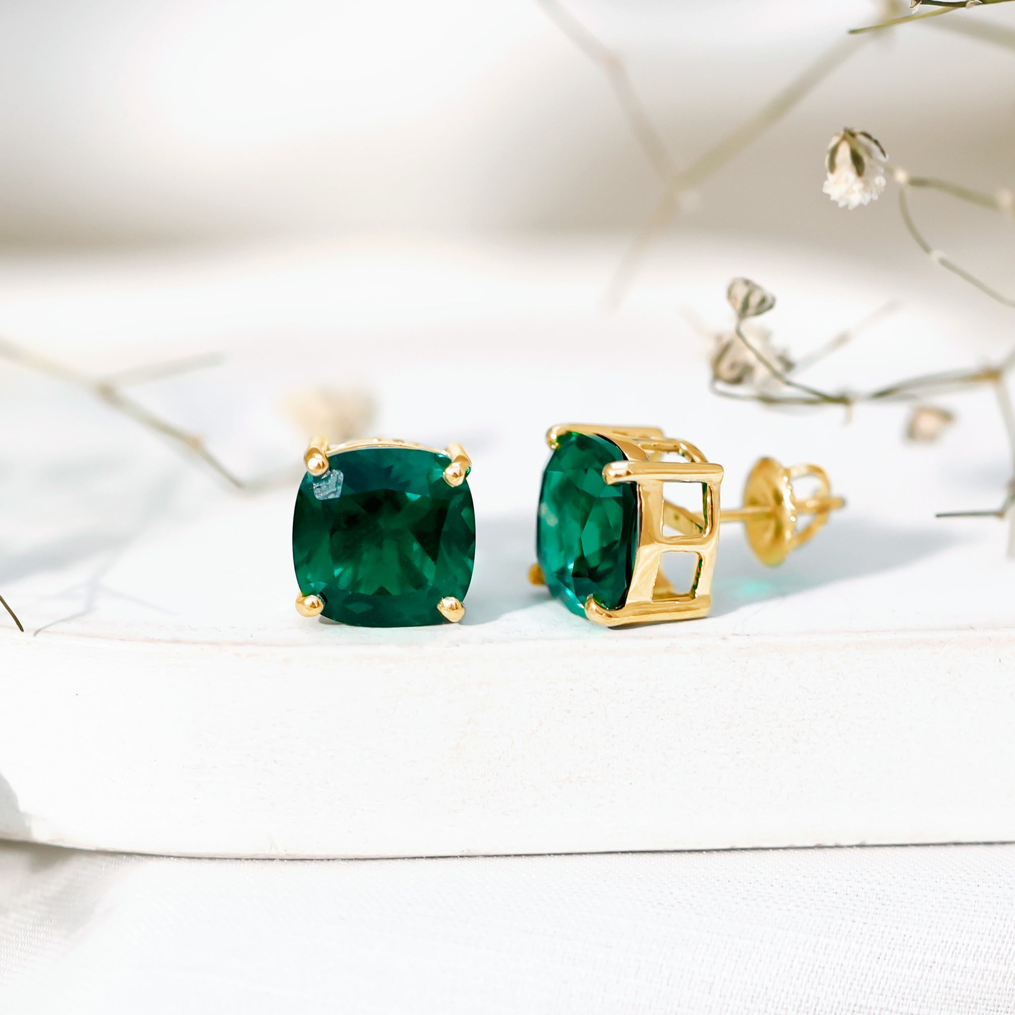10 MM Cushion Cut Created Emerald Solitaire Stud Earrings AAAA - Rosec Jewels