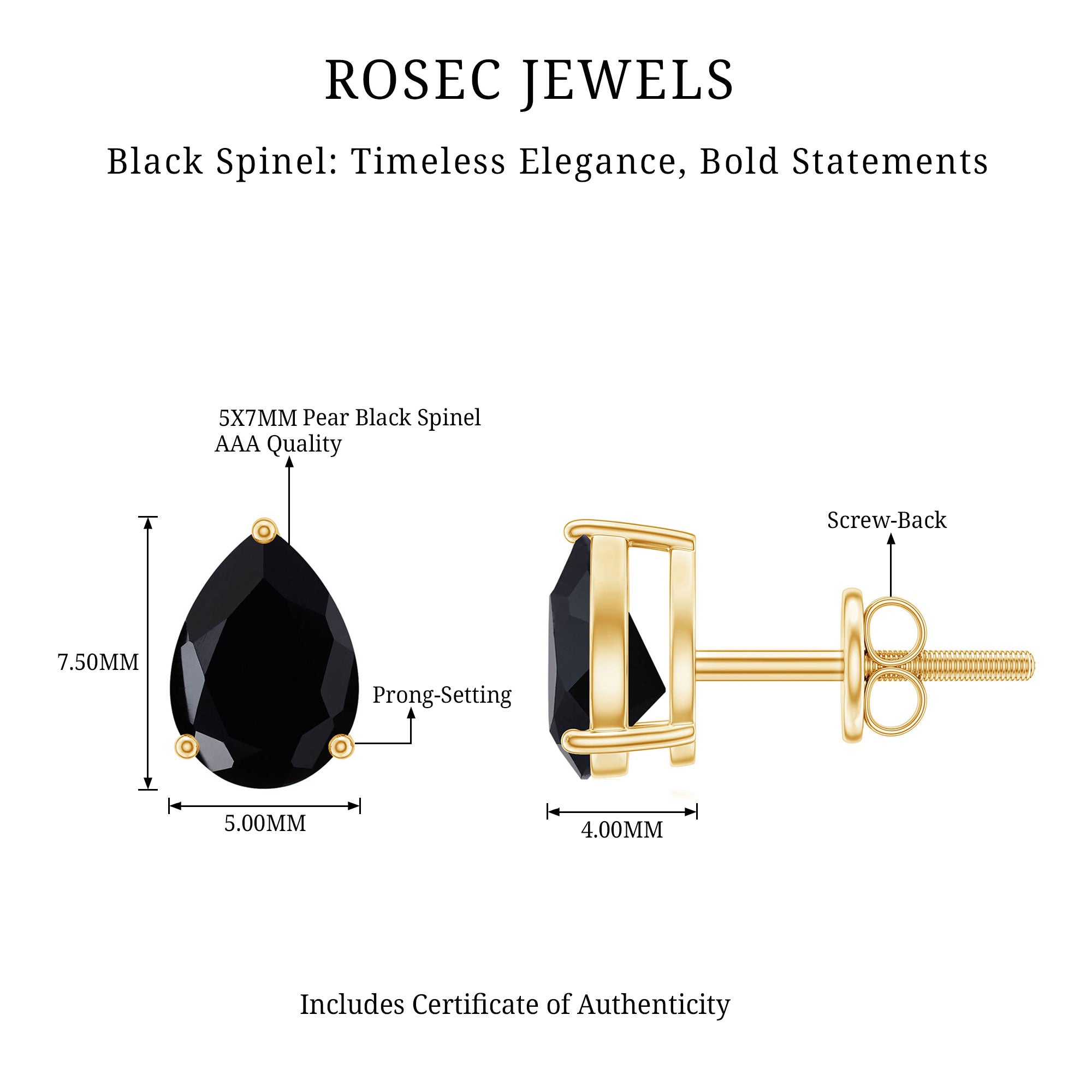 Certified Real Pear Shaped Black Spinel Earrings with Screw Back AAA - Rosec Jewels