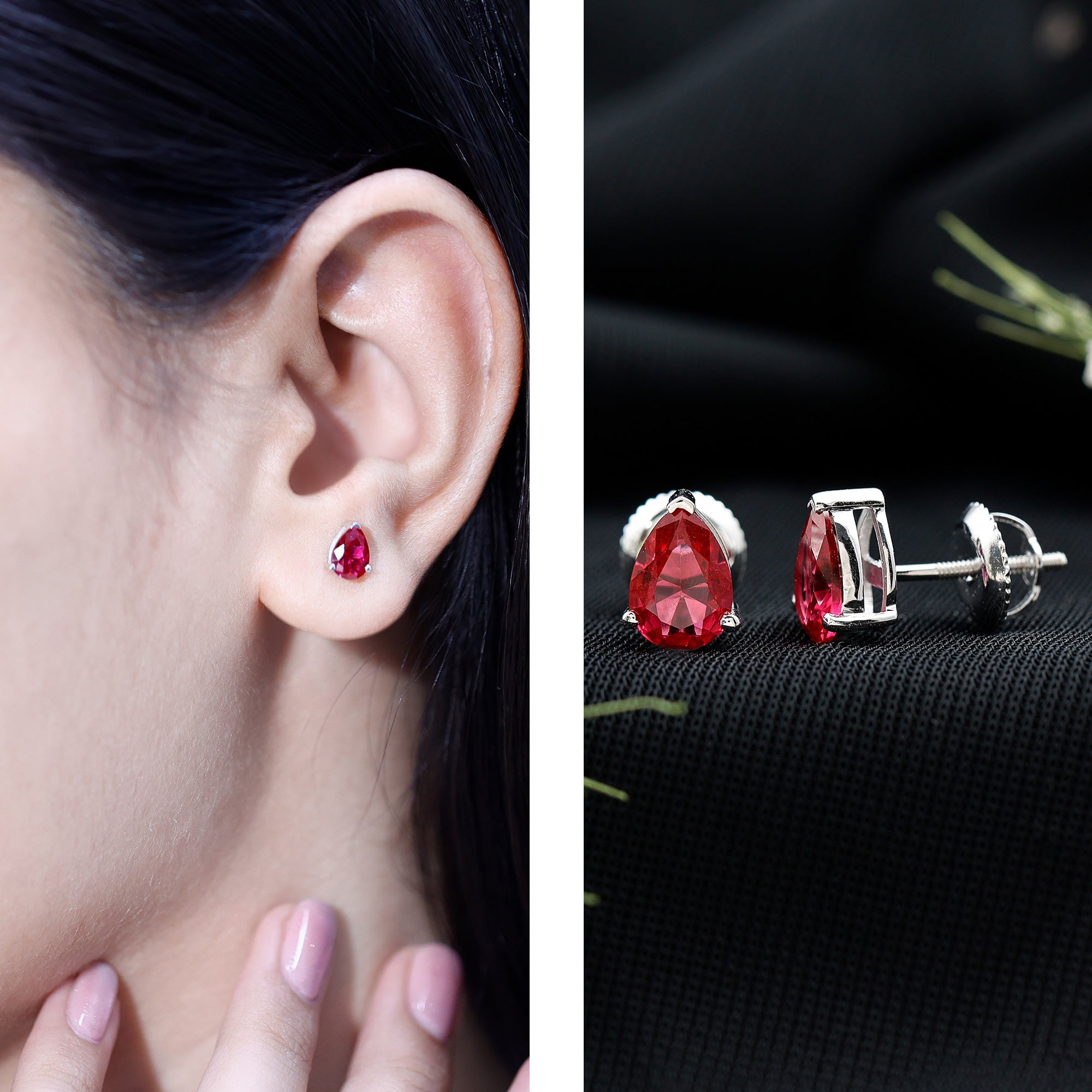 Solitaire 1.5 Carat Pear Shaped Lab Created Ruby Stud Earrings AAAA - Rosec Jewels