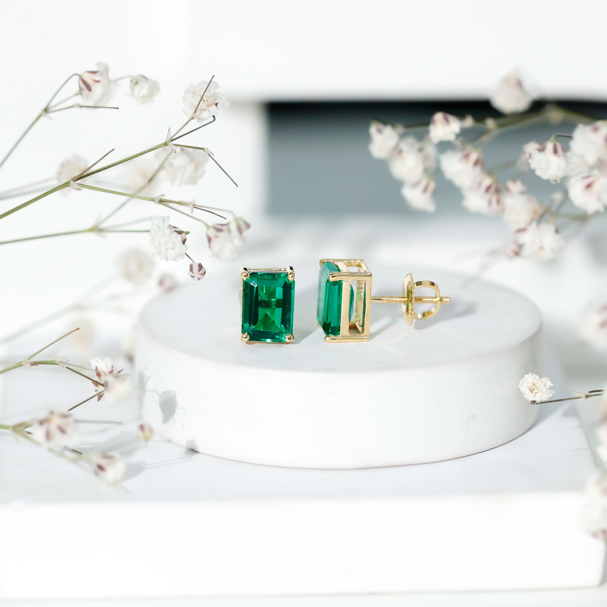 3 Carat Emerald Cut Lab Grown Emerald Solitaire Stud Earrings AAAA - Rosec Jewels