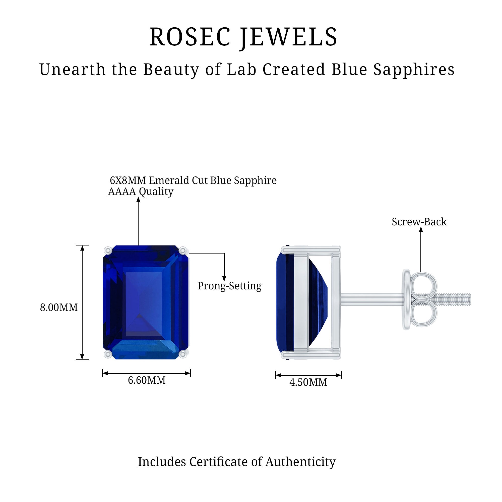 3.5 CT Emerald Cut Lab Created Blue Sapphire Big Stud Earrings AAAA - Rosec Jewels
