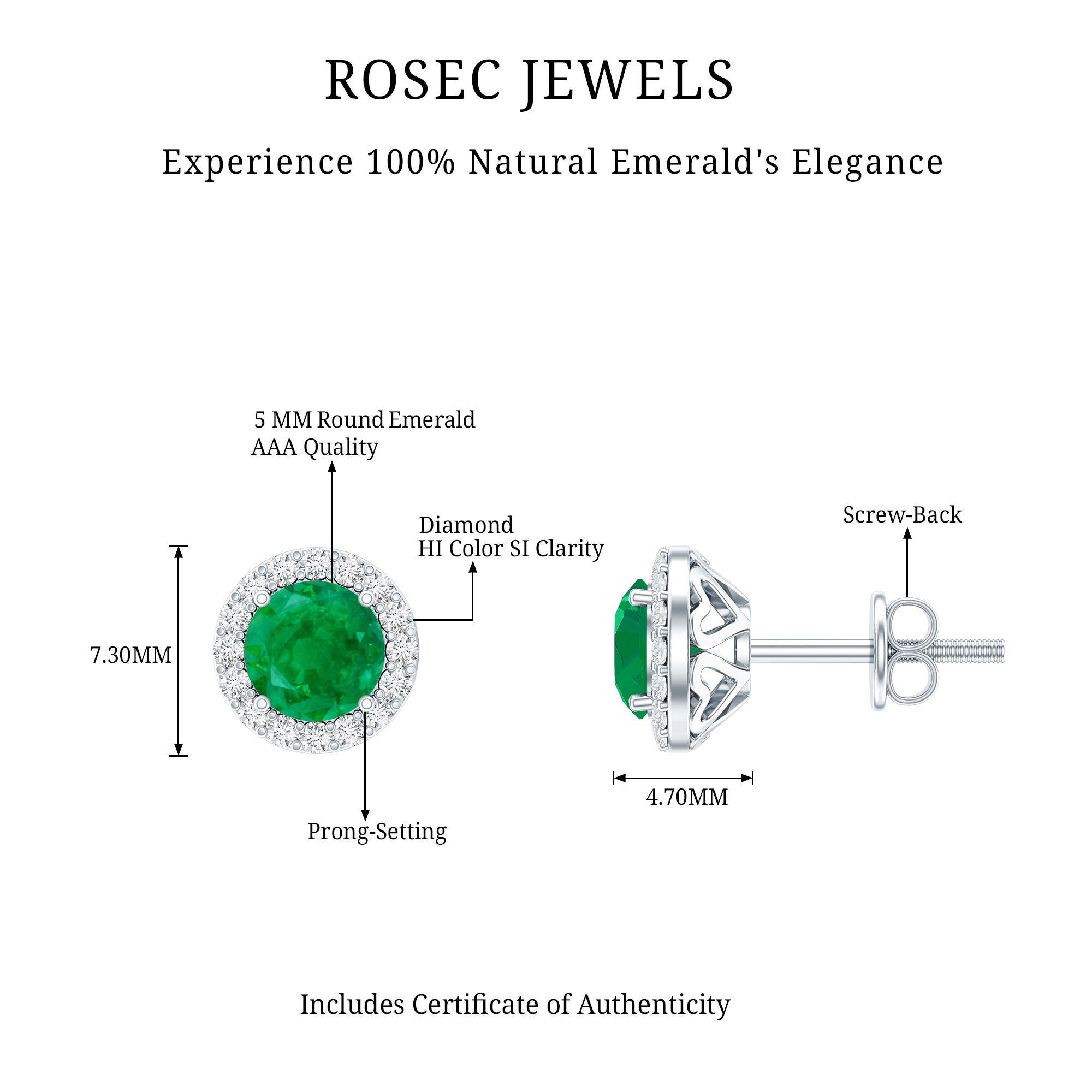 Halo Stud Earrings with Emerald and Diamond AAA - Rosec Jewels