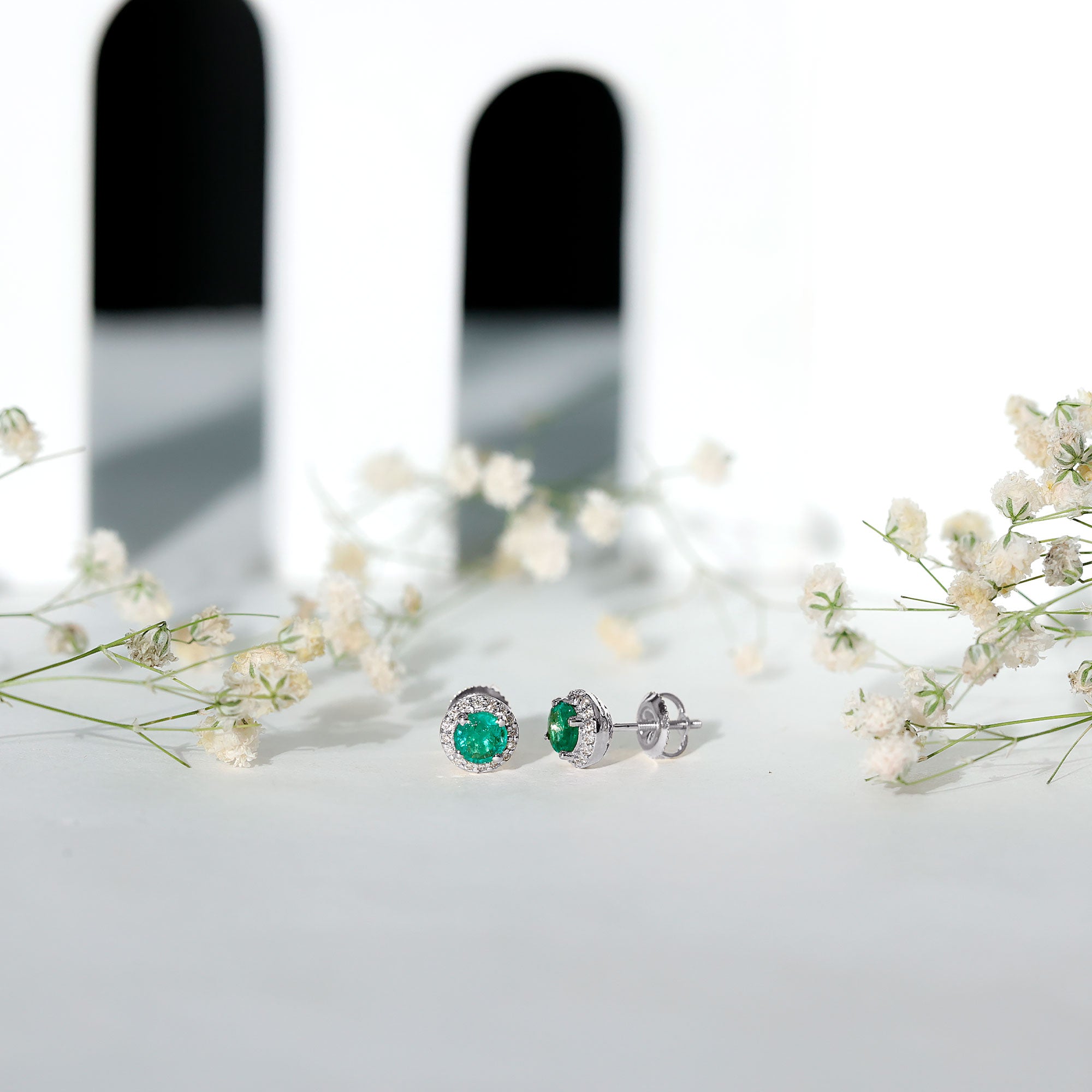 Halo Stud Earrings with Emerald and Diamond AAA - Rosec Jewels