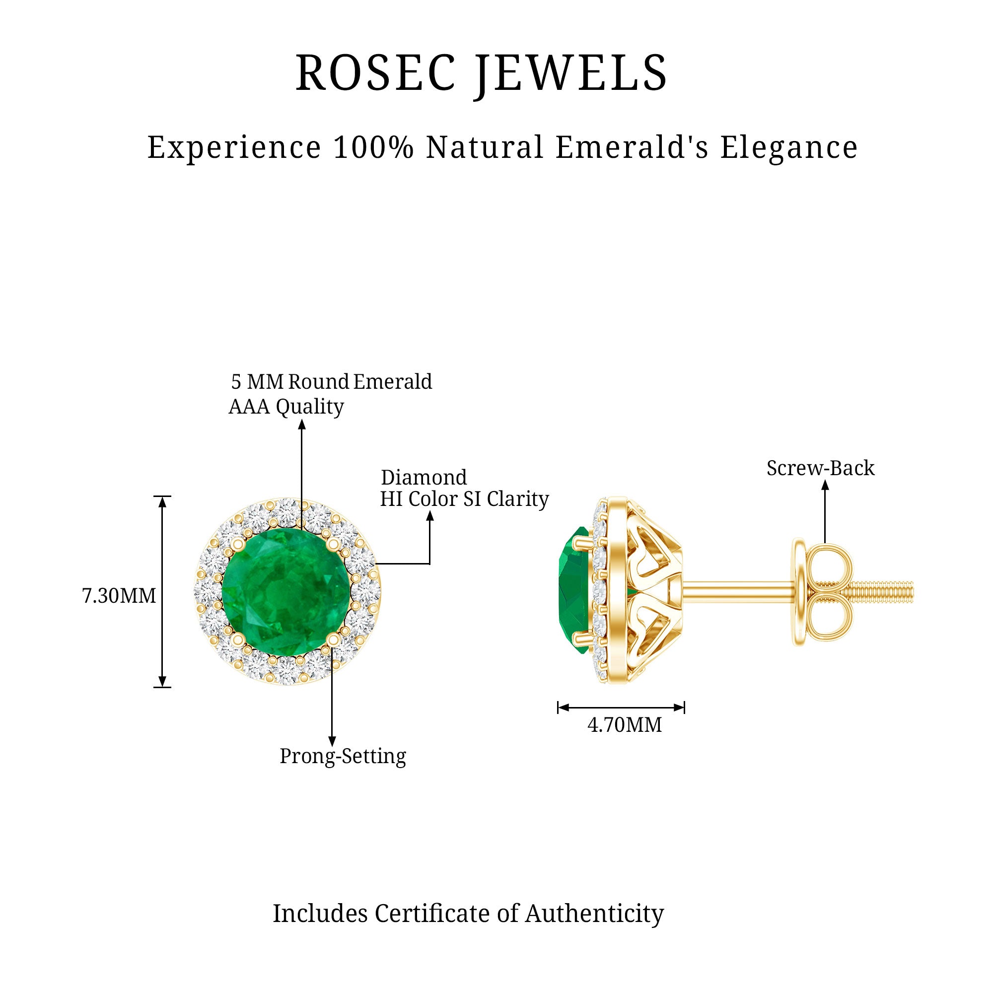 Halo Stud Earrings with Emerald and Diamond AAA - Rosec Jewels