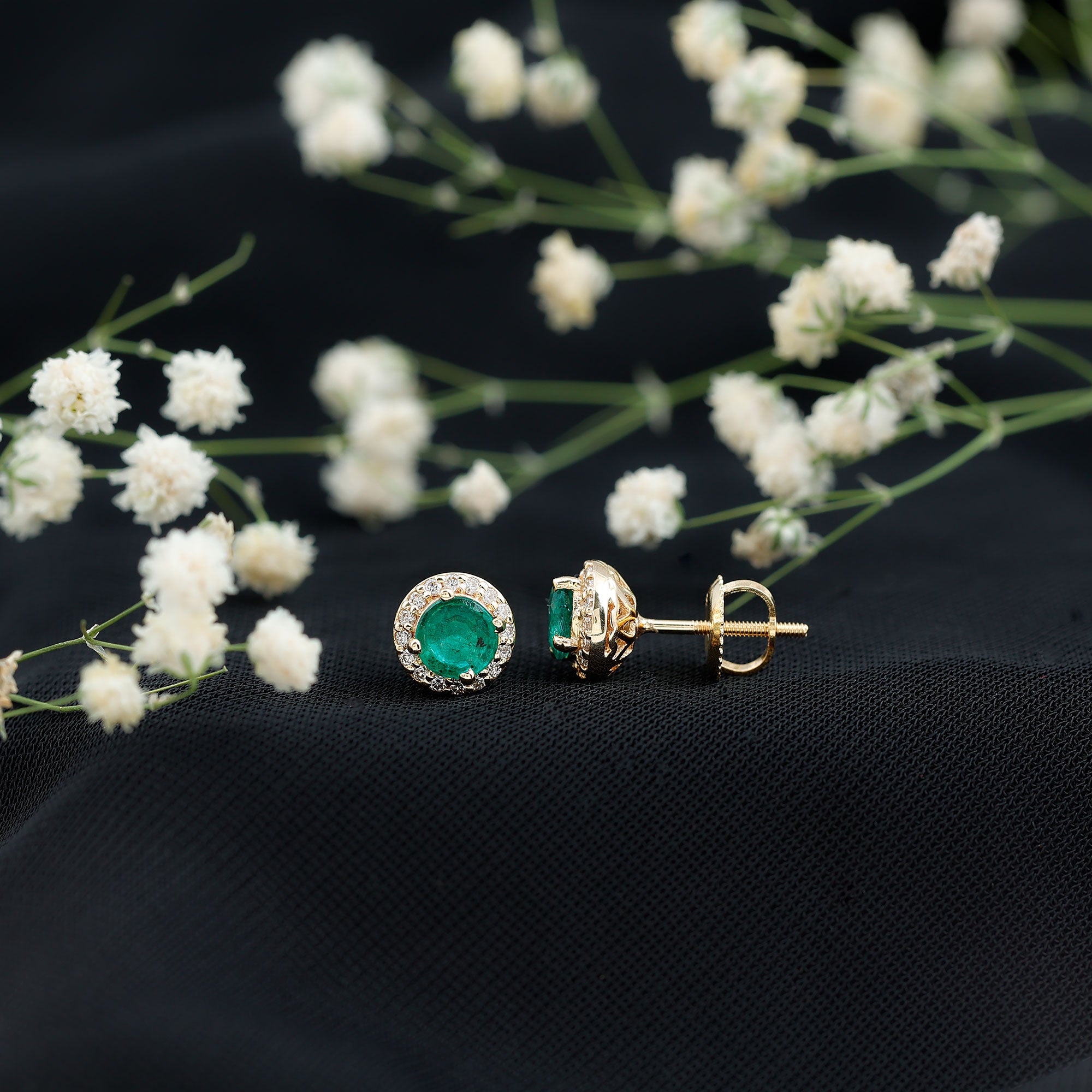 Halo Stud Earrings with Emerald and Diamond AAA - Rosec Jewels