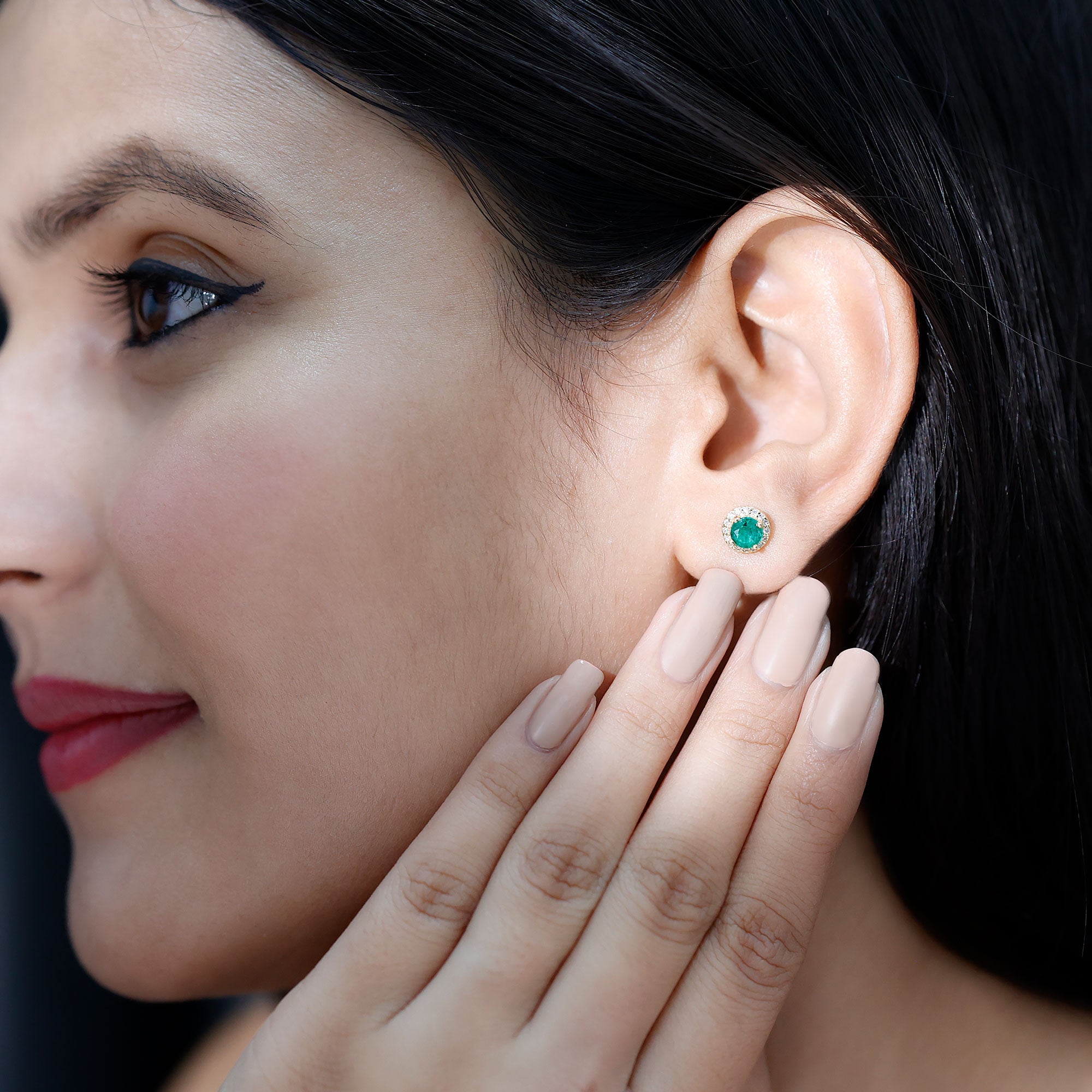 Halo Stud Earrings with Emerald and Diamond AAA - Rosec Jewels