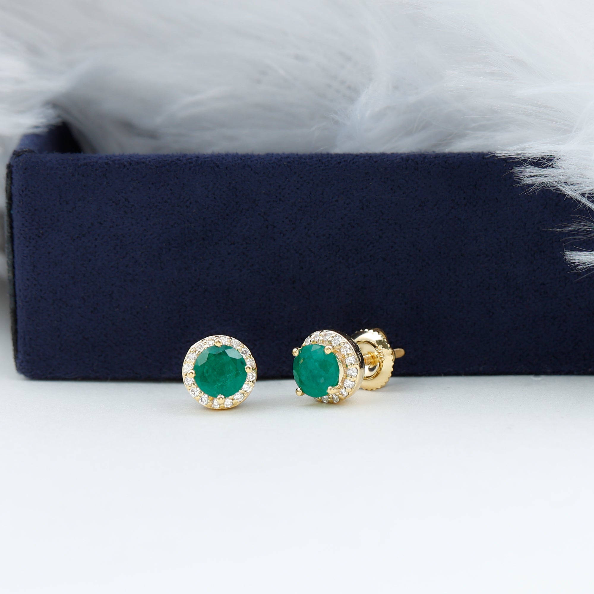 Halo Stud Earrings with Emerald and Diamond AAA - Rosec Jewels