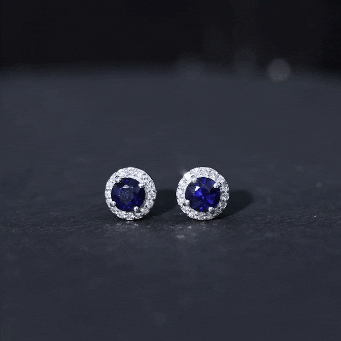 Real 1.9 Carat Blue Sapphire and Diamond Halo Stud Earrings AAA - Rosec Jewels