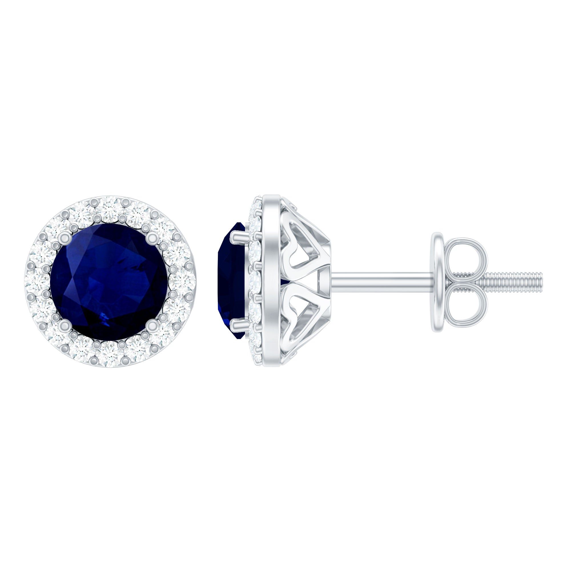 Real 1.9 Carat Blue Sapphire and Diamond Halo Stud Earrings AAA - Rosec Jewels
