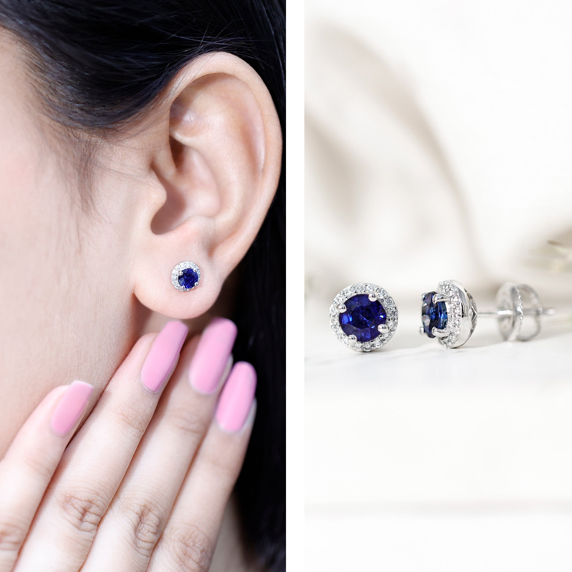 Real 1.9 Carat Blue Sapphire and Diamond Halo Stud Earrings AAA - Rosec Jewels