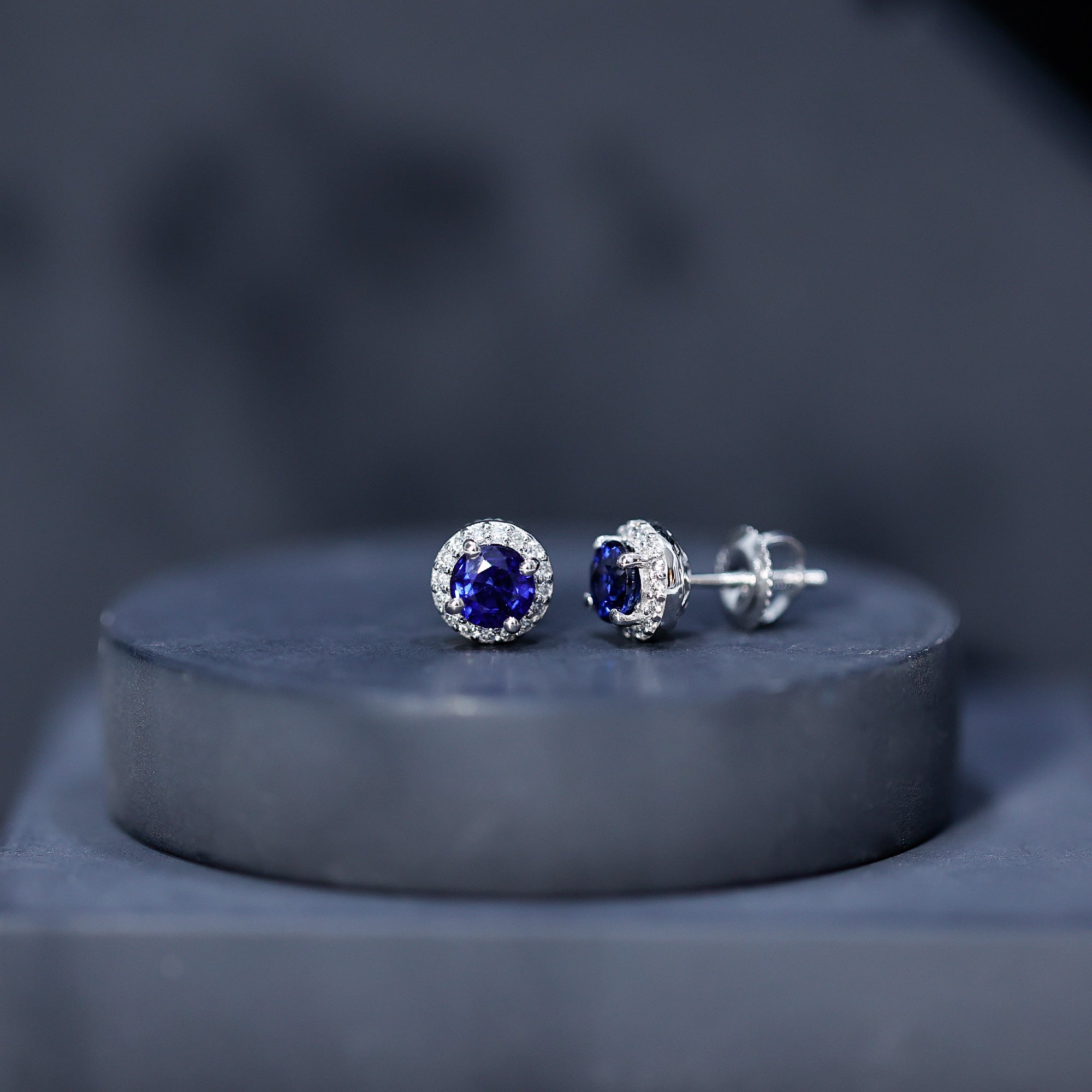 Real 1.9 Carat Blue Sapphire and Diamond Halo Stud Earrings AAA - Rosec Jewels