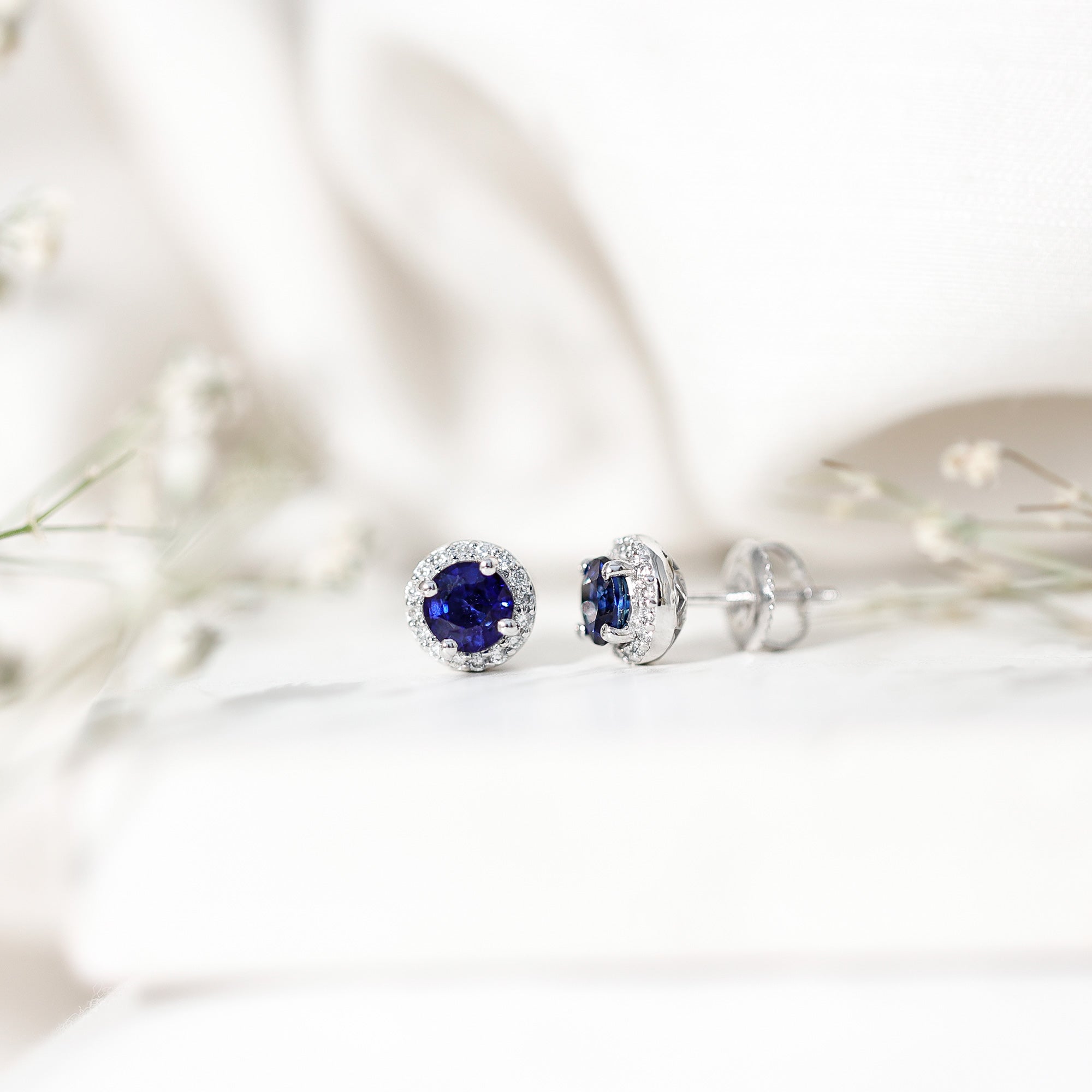 Real 1.9 Carat Blue Sapphire and Diamond Halo Stud Earrings AAA - Rosec Jewels