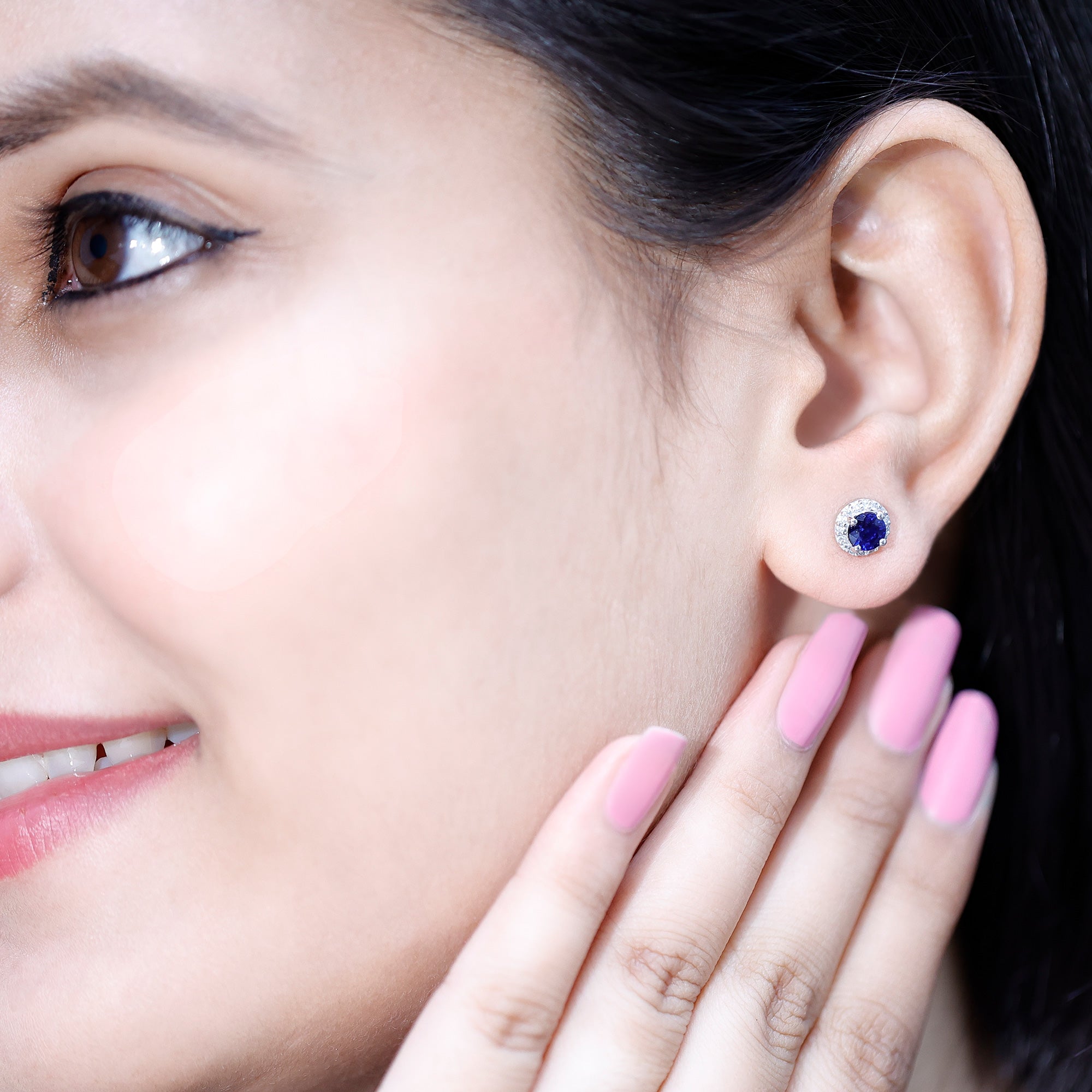 Real 1.9 Carat Blue Sapphire and Diamond Halo Stud Earrings AAA - Rosec Jewels