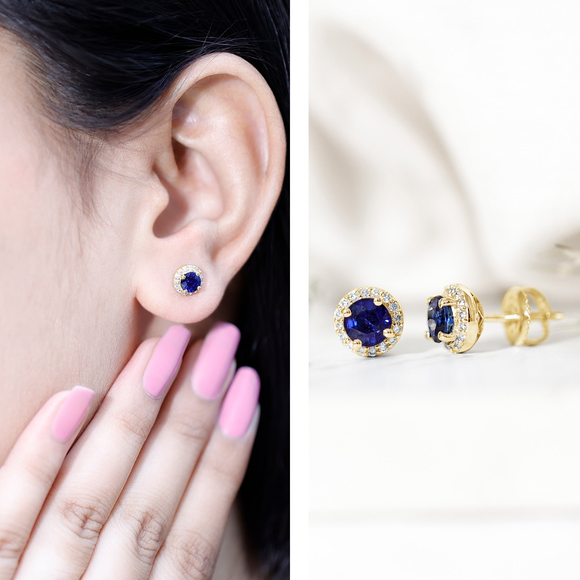 Real 1.9 Carat Blue Sapphire and Diamond Halo Stud Earrings AAA - Rosec Jewels