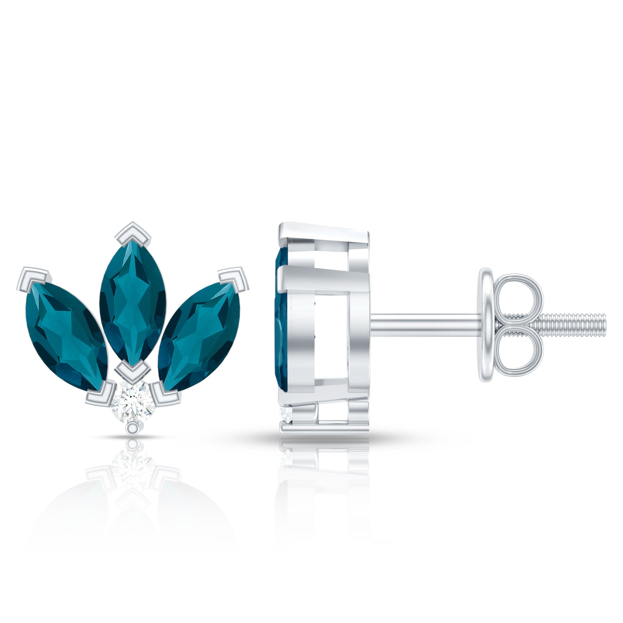 Floral Stud Earrings with London Blue Topaz and Diamond AAA - Rosec Jewels