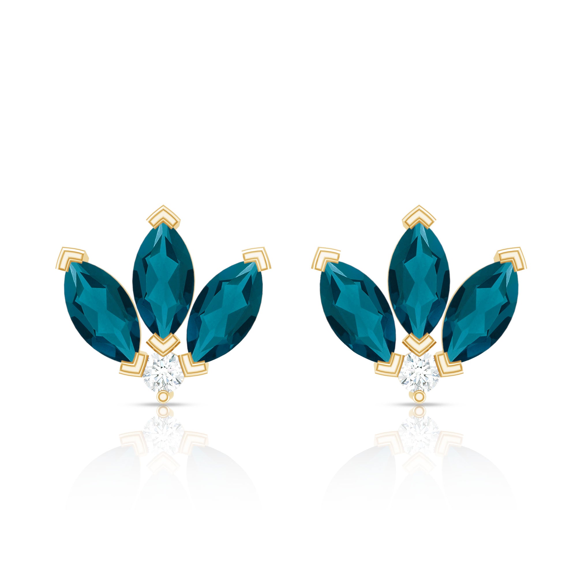 Floral Stud Earrings with London Blue Topaz and Diamond AAA - Rosec Jewels