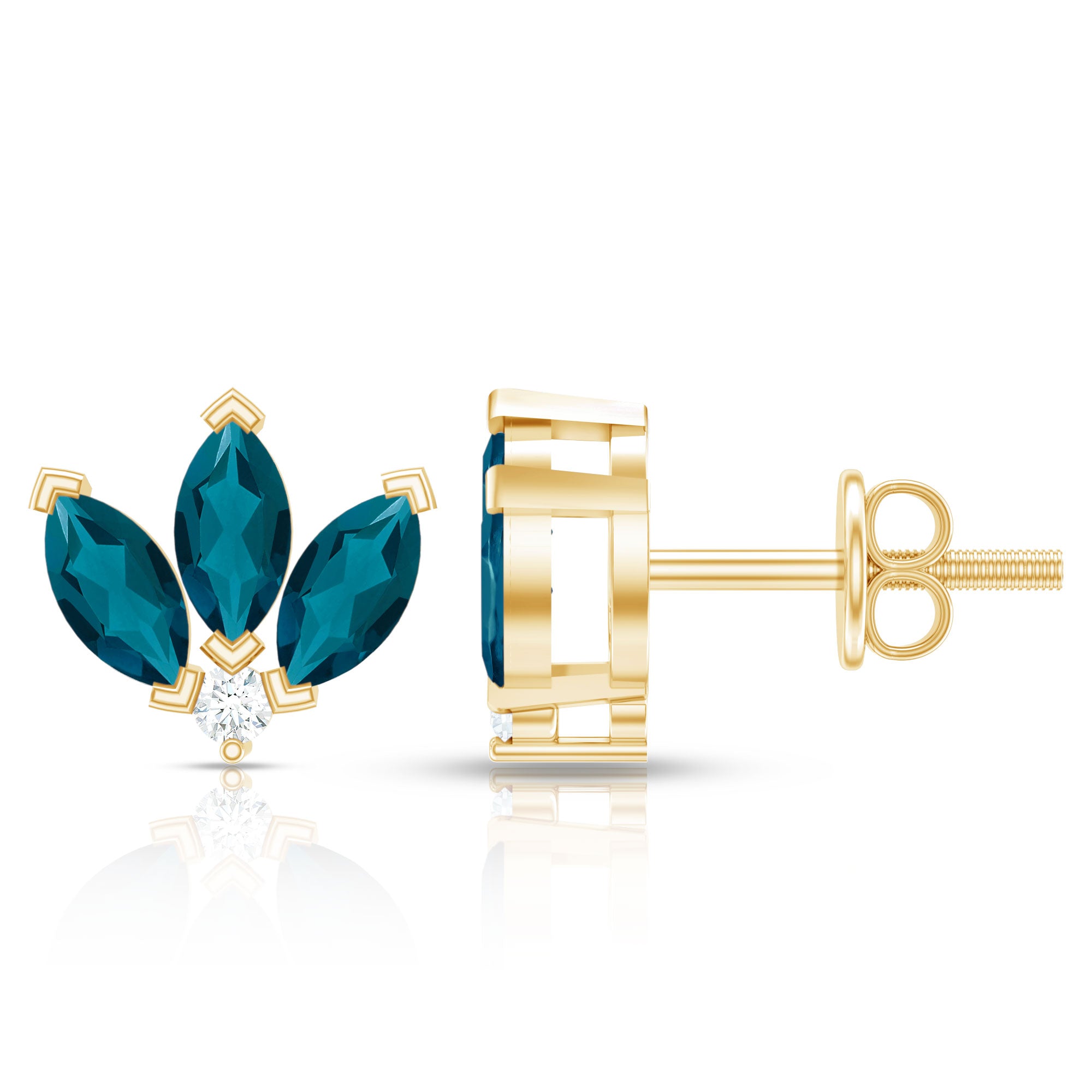 Floral Stud Earrings with London Blue Topaz and Diamond AAA - Rosec Jewels