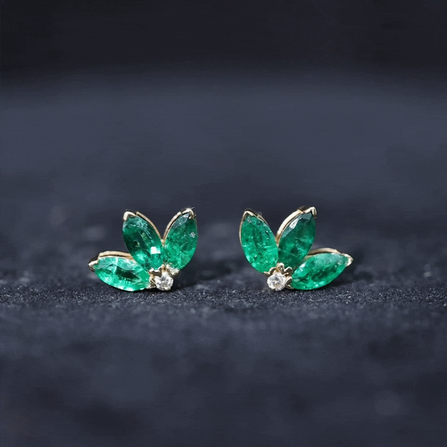 Genuine Emerald and Diamond Lotus Stud Earrings AAA - Rosec Jewels