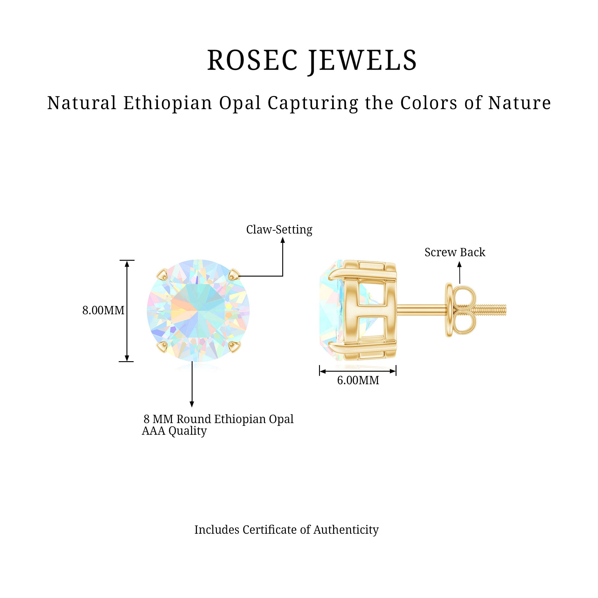 4 Carat Round Cut Ethiopian Opal Solitaire Stud Earrings for Women AAA - Rosec Jewels