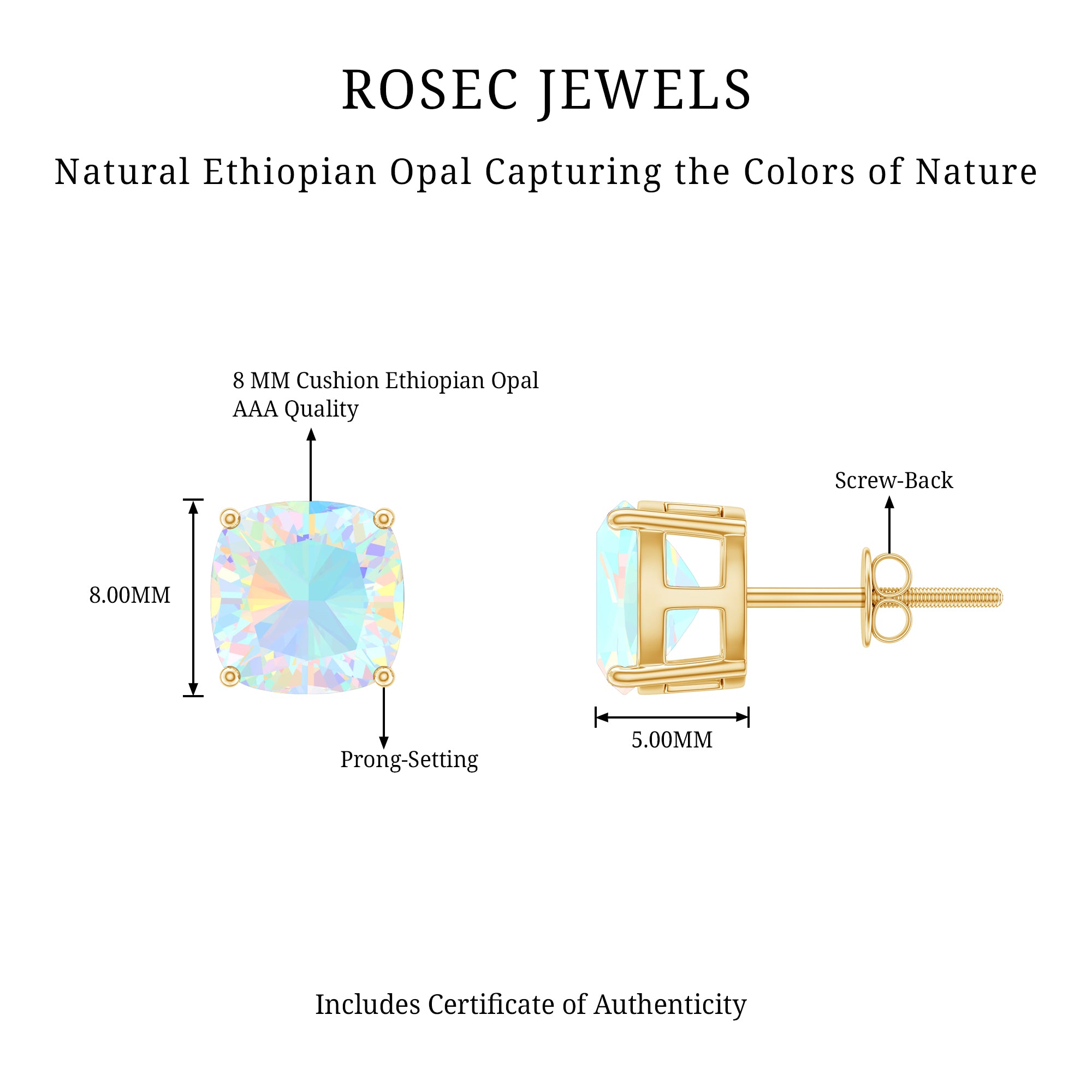 3 Carat Cushion Cut Ethiopian Opal Solitaire Stud Earrings AAA - Rosec Jewels