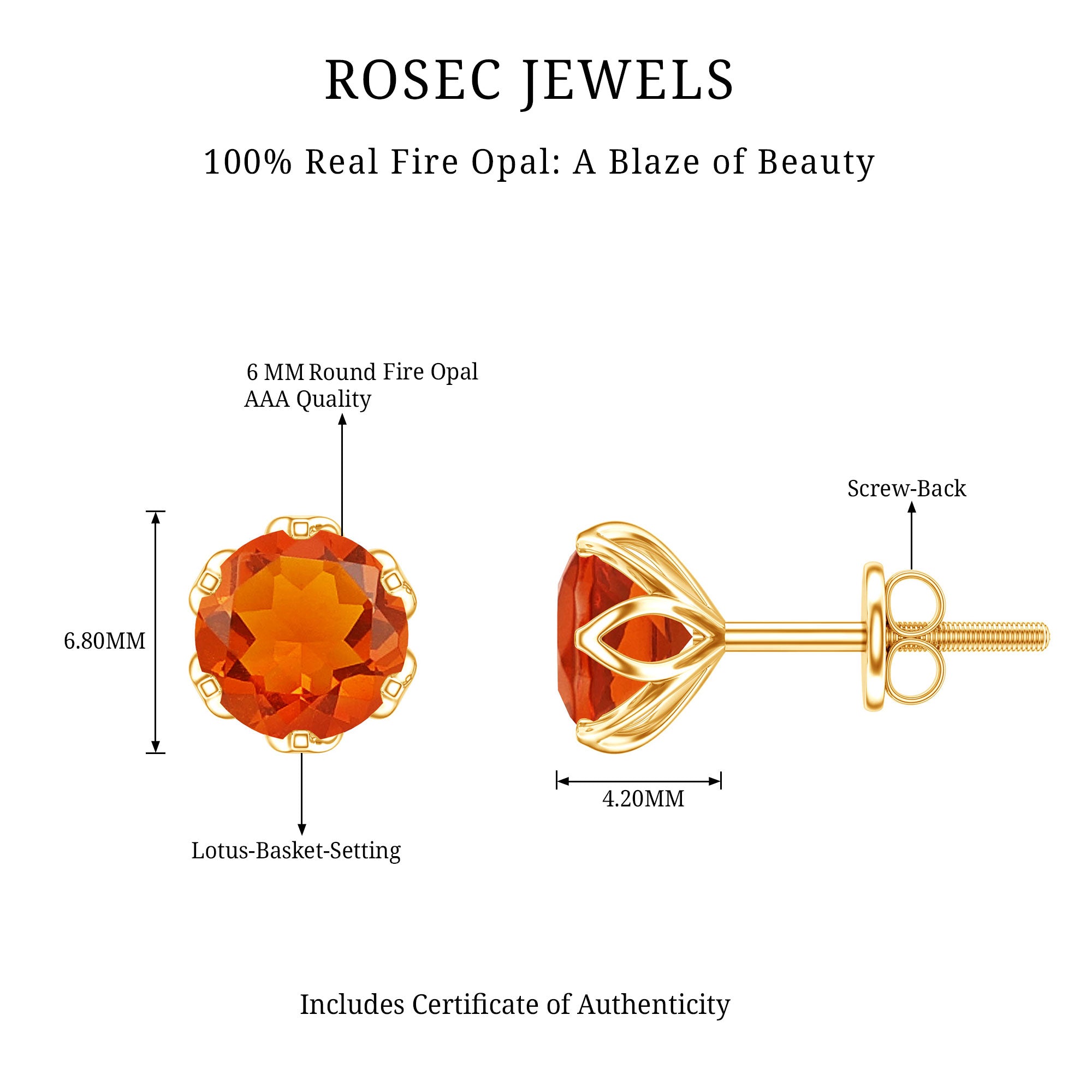 Certified Natural Fire Opal Stud Earrings with Screw Back AAA - Rosec Jewels