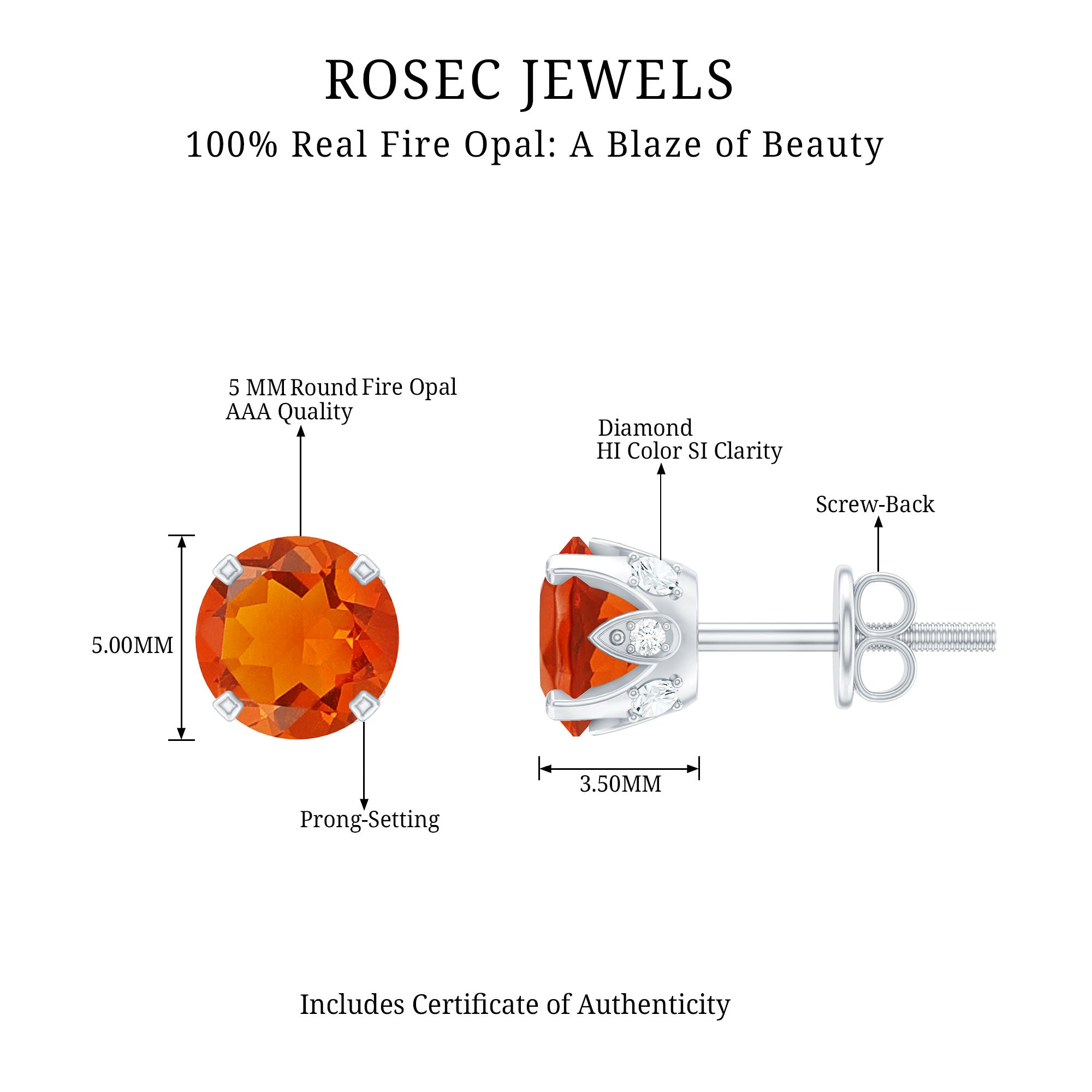 Solitaire Fire Opal Stud Earrings with Diamond Accent AAA - Rosec Jewels