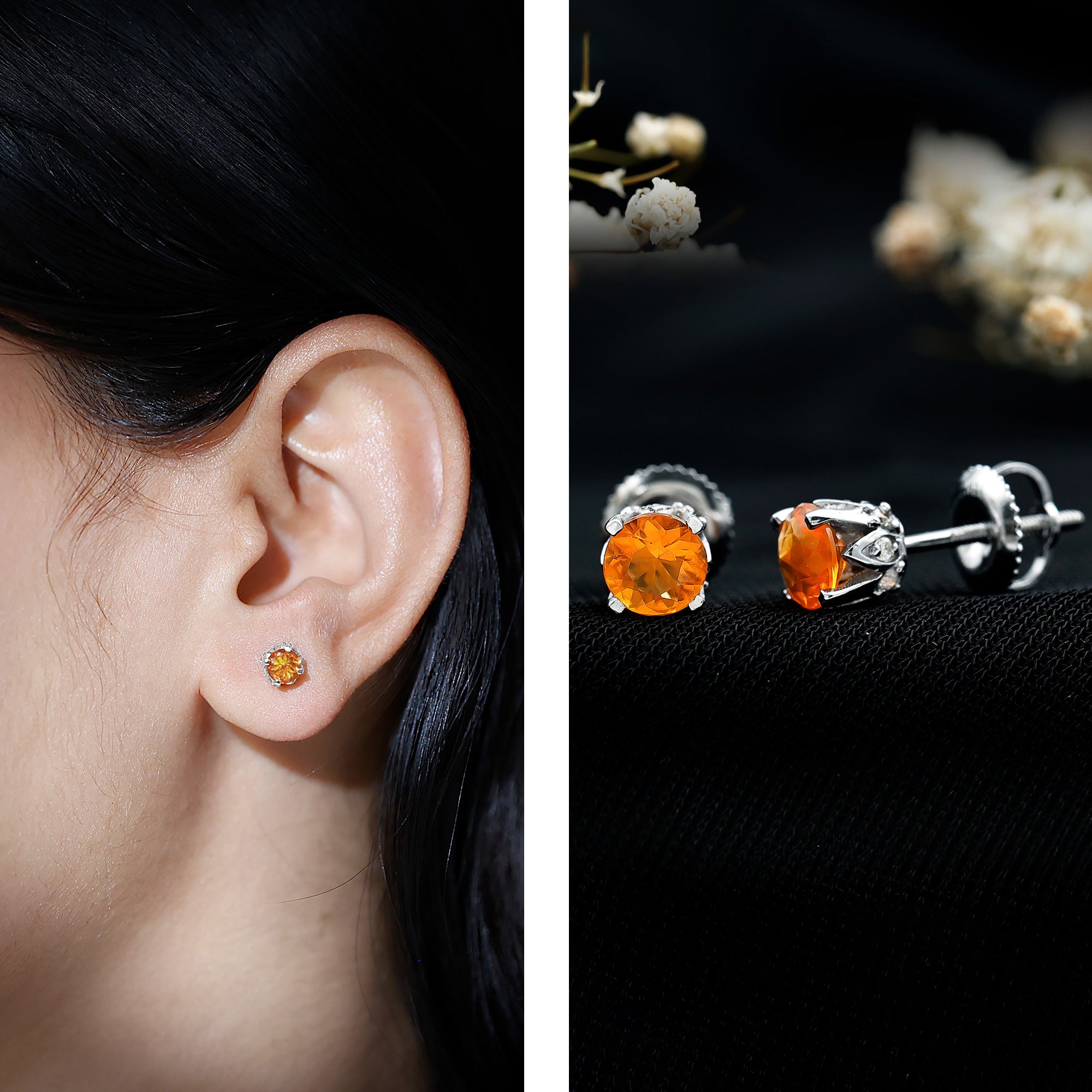 Solitaire Fire Opal Stud Earrings with Diamond Accent AAA - Rosec Jewels